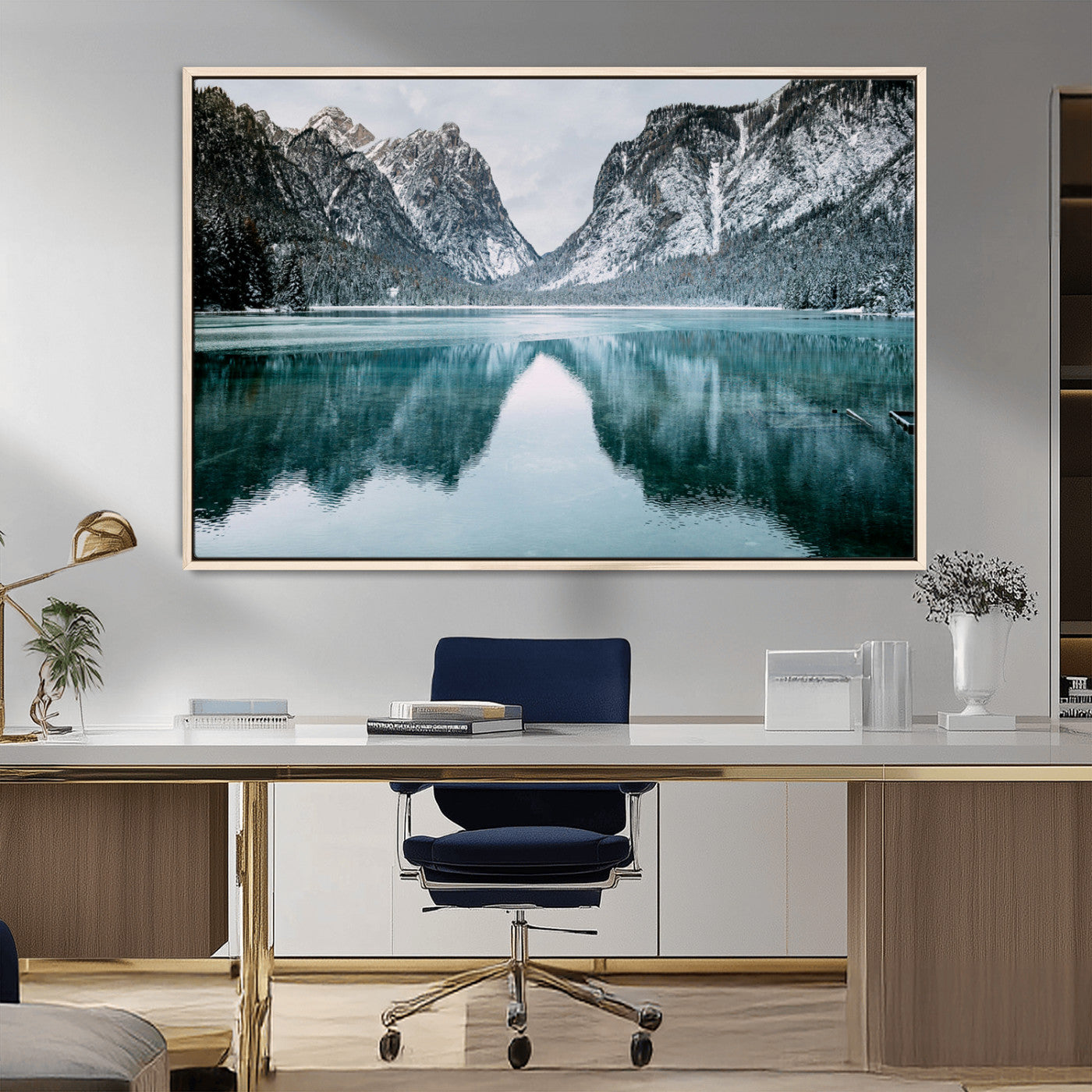 73098373-MGV-FC-36X24_Natural-Mountain Lake Wall Art Canvas Print – Framed Snowy Peaks Wonderland Nature Scene Artwork for Home Office