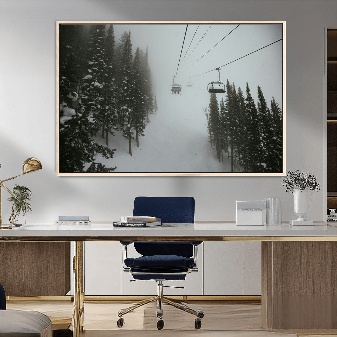 87018452-MGV-CV-36X24-Ski Lift Wall Art Canvas Print – Snowy Pines Misty Landscape Winter Serenity Artwork for Home, Office Decor