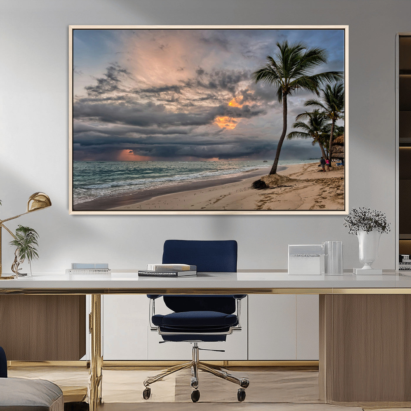 62574547-MGV-CV-36X24-Tropical Storm Wall Art Canvas Print – Framed Moody Beach Dramatic Sky Tropical Coastal Landscape Artwork for Home, Office