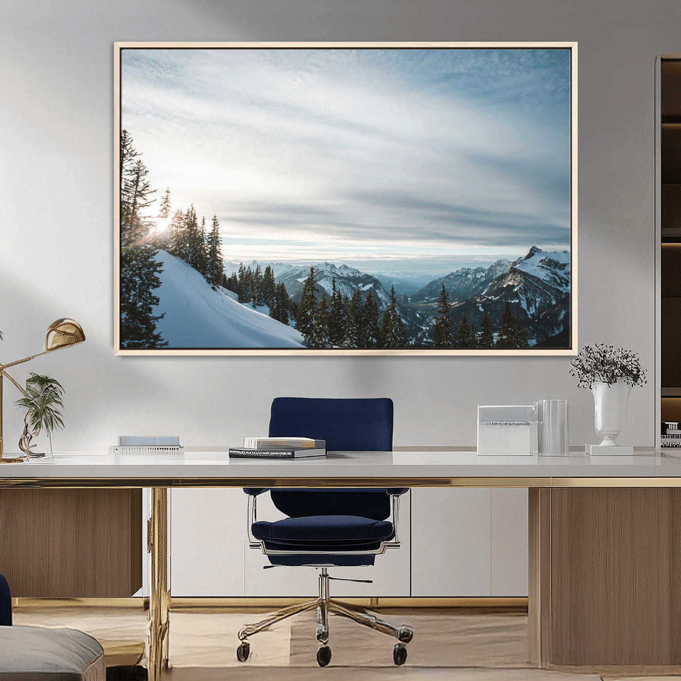 55564749-MGV-CV-36X24-Snowy Mountains Wall Art Canvas Print – Framed Alpine Landscape Frosty Peaks Nordic Minimalist Nature Artwork for Home, Office
