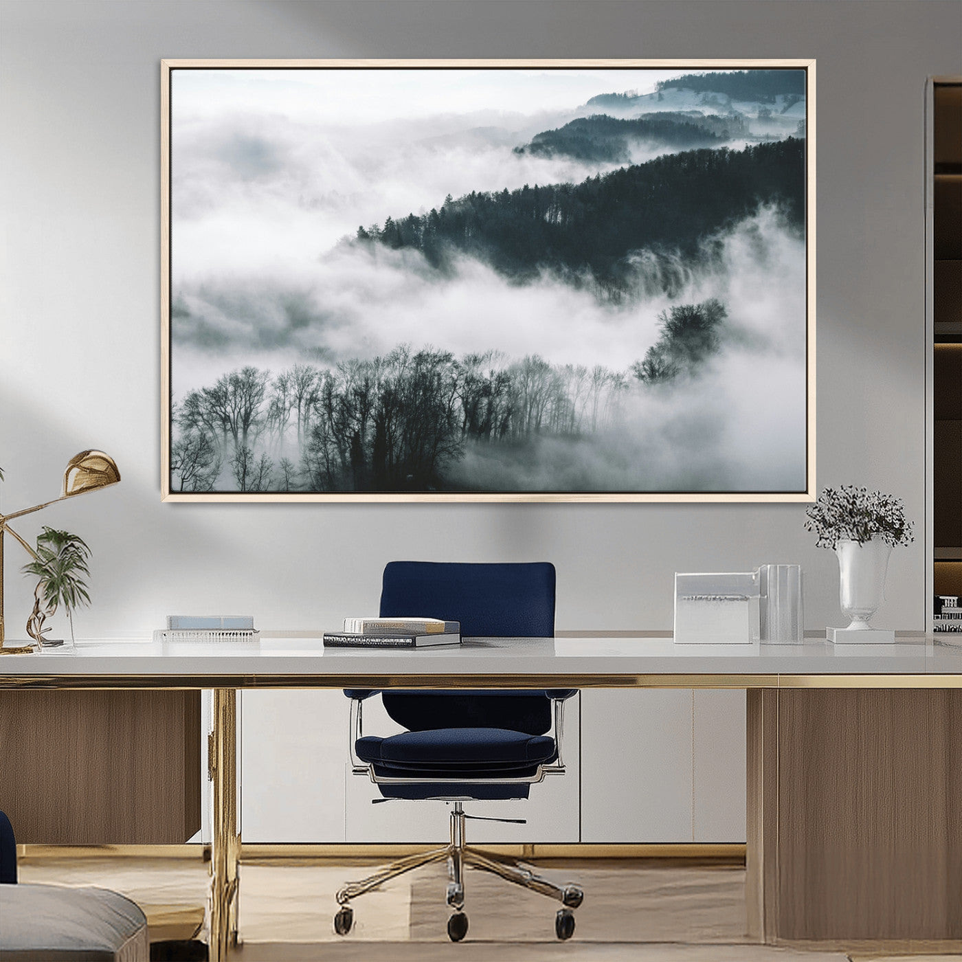 67569654-MGV-CV-36X24-Foggy Forest Landscape Wall Art Canvas Print – Misty Mountain Valley Scene Monochrome Tones Nature Artwork for Home Office