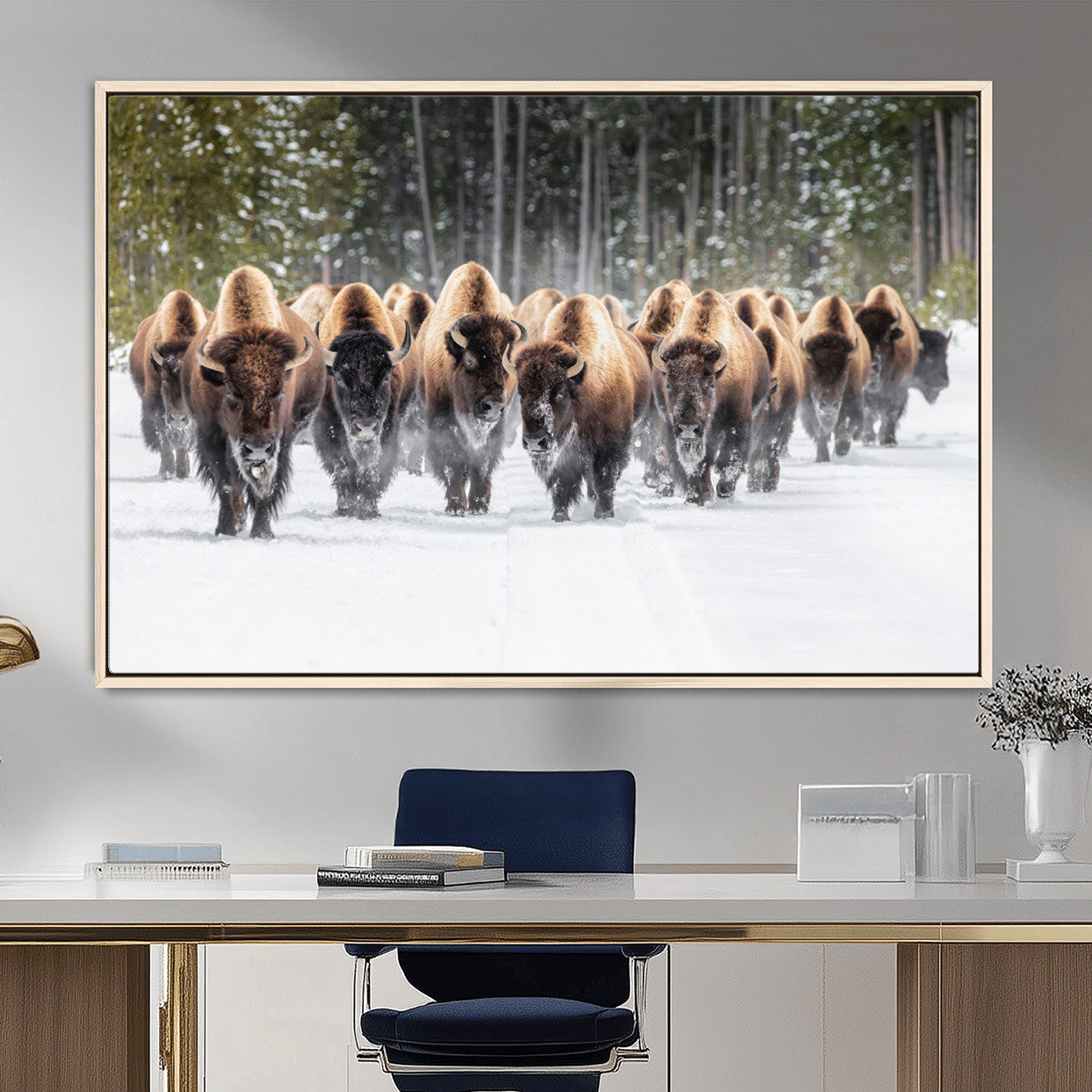 96906195-MGV-FC-36X24 - American Bison Herd Snow Canvas Wall Art – Powerful Winter Wildlife Print of Buffalo Motion, Rustic Lodge or Western Cabin Decor for Living Room, Office