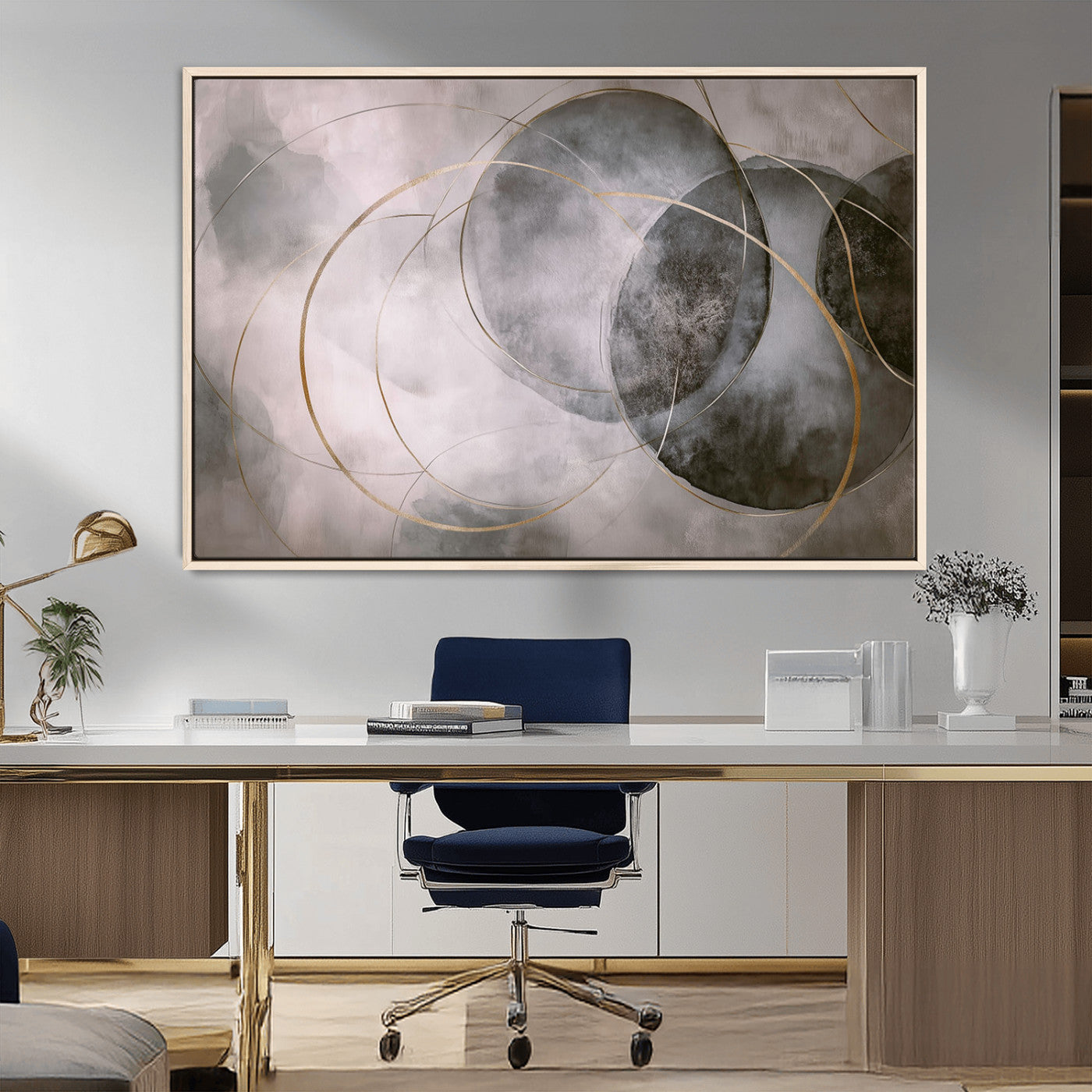 20066876-MGV-FC-36X24_Natural-Abstract Grey Gold Circle Wall Art – Modern Geometric Canvas Artwork, Minimal Elegant Design, Luxury Wall Decor for Home, Office