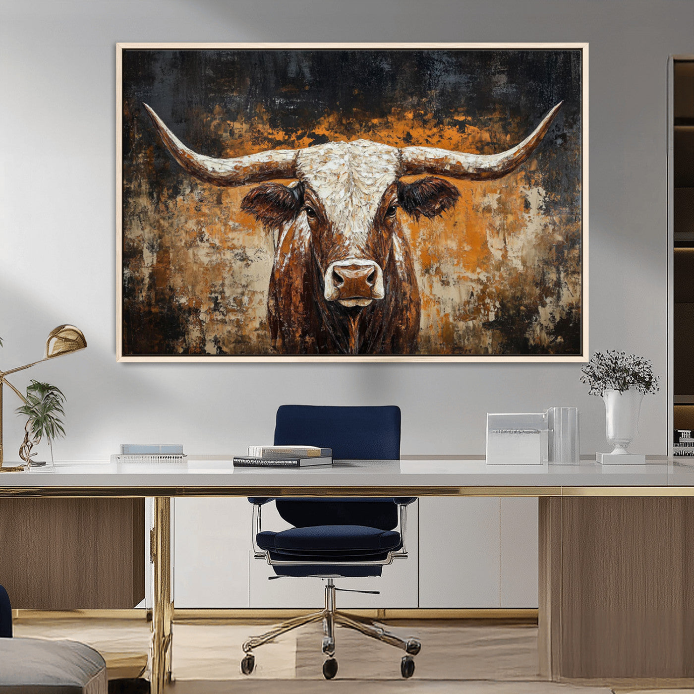 25265572-MGV-CV-36X24-Rustic Longhorn Bull Wall Art Canvas Print – Vintage Western Cattle Scene, Texas Steer Artwork for Home, Office