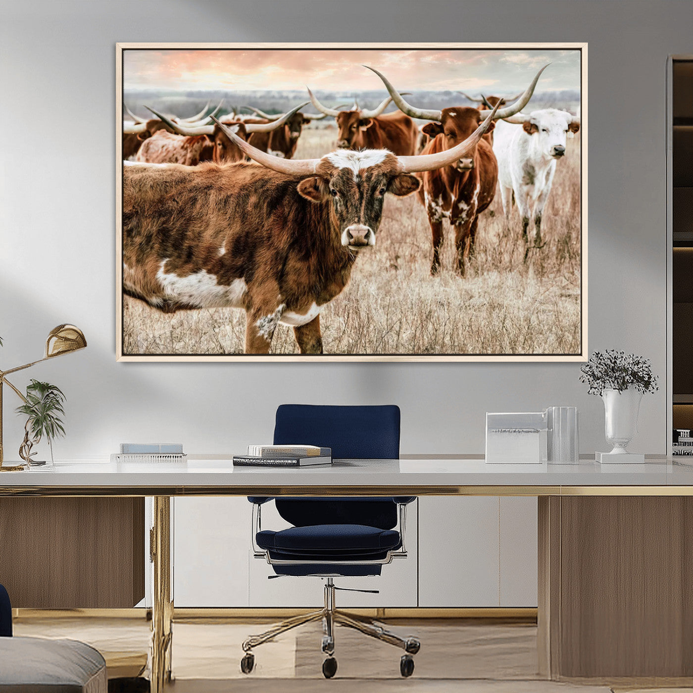 -Texas Longhorn Cattle Wall Art Canvas Print – Rustic Western Ranch Scene with Steers Sunset for Home, Office