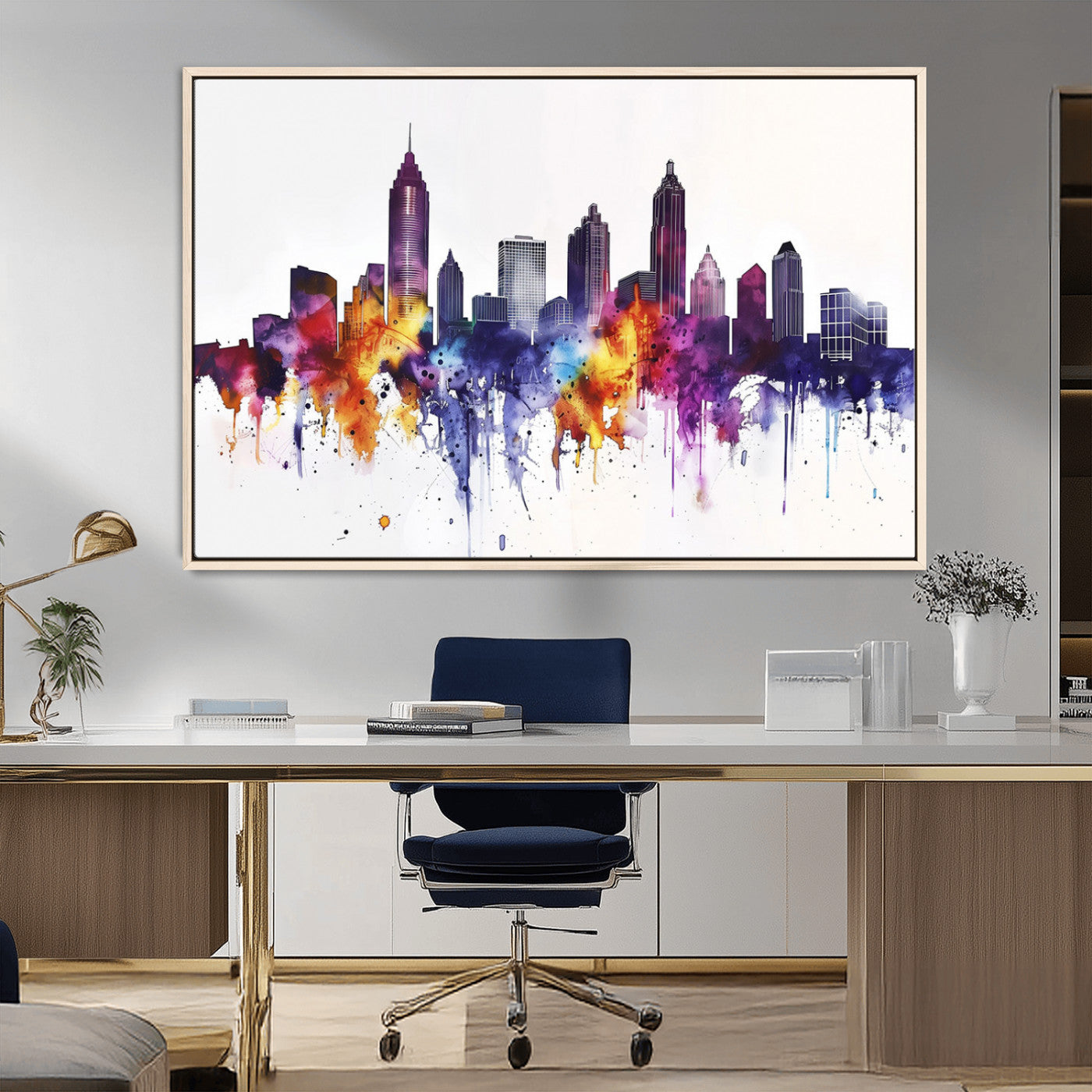34479880-MGV-CV-36X24-Atlanta Skyline Wall Art Canvas Print – Framed Colorful Watercolor Cityscape Artwork for Home, Office, Living Room
