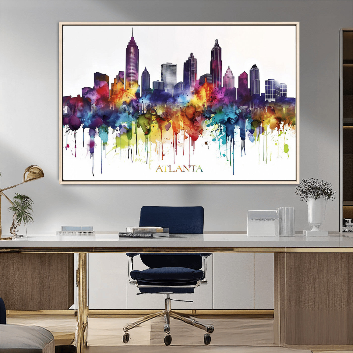 36048320-MGV-CV-36X24-Atlanta Skyline Wall Art Canvas Print – Framed Colorful Watercolor Cityscape Abstract Urban Artwork for Home, Office