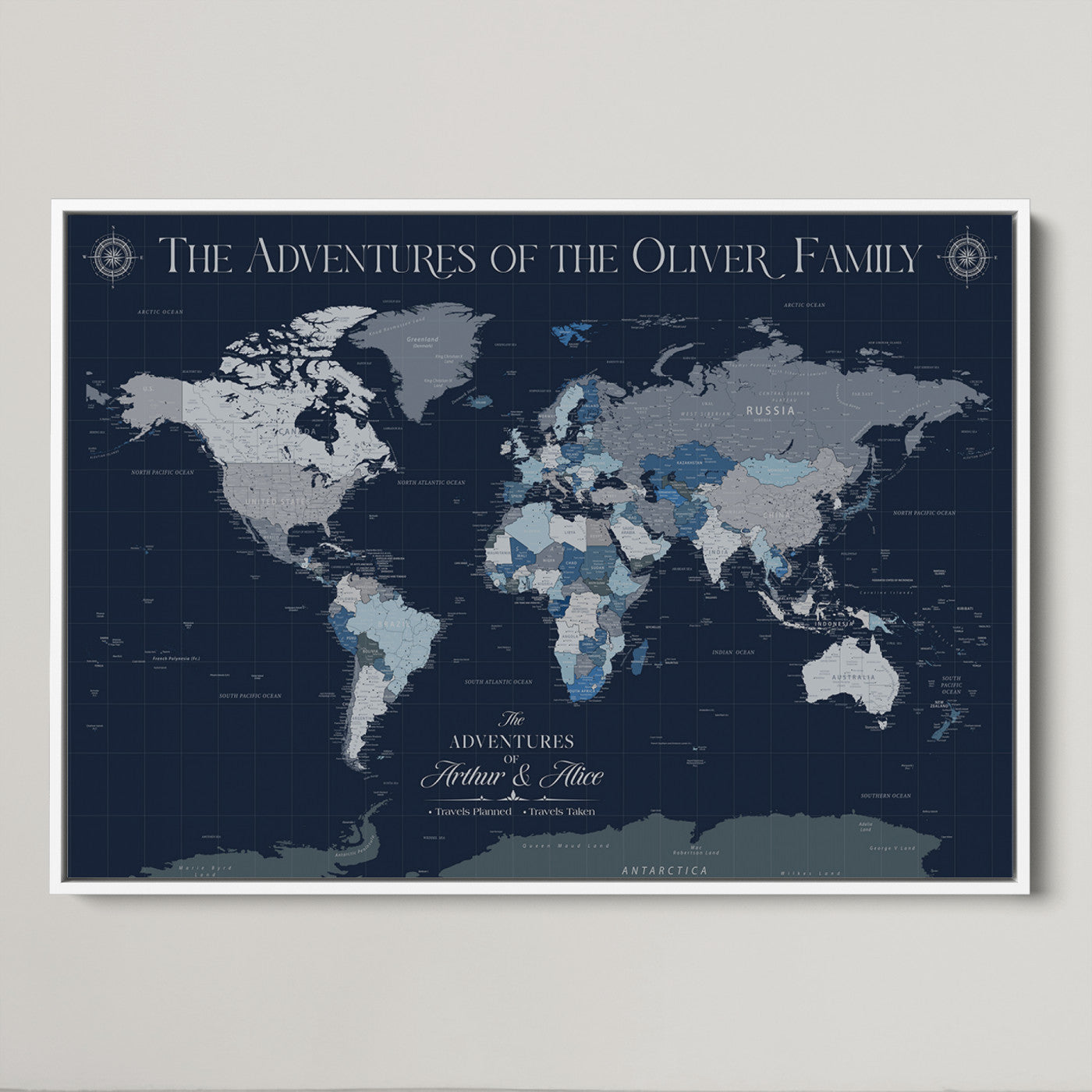-Personalized Family Adventure World Map – Custom Framed Push Pin Travel Tracker Canvas, Elegant Wall Art for Home, Office