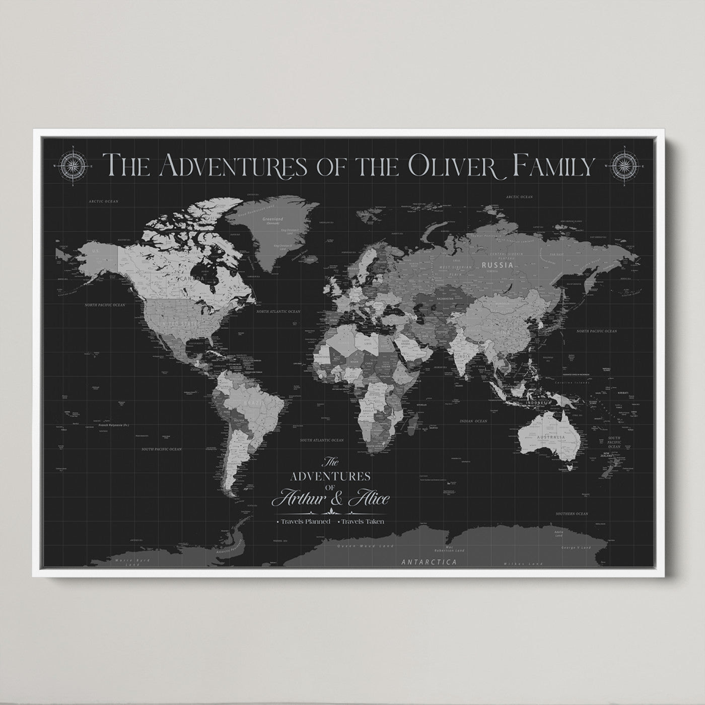 -Personalized Family World Map Canvas – Custom Framed Push Pin Travel Tracker, Modern Adventure Wall Art for Home, Office