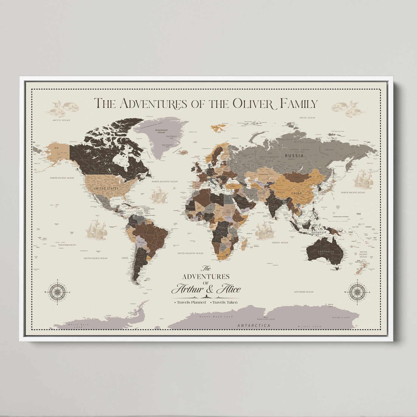 -Personalized Family Adventure World Map Canvas – Custom Framed Push Pin Travel Tracker, Wall Art Gift for Home, Office