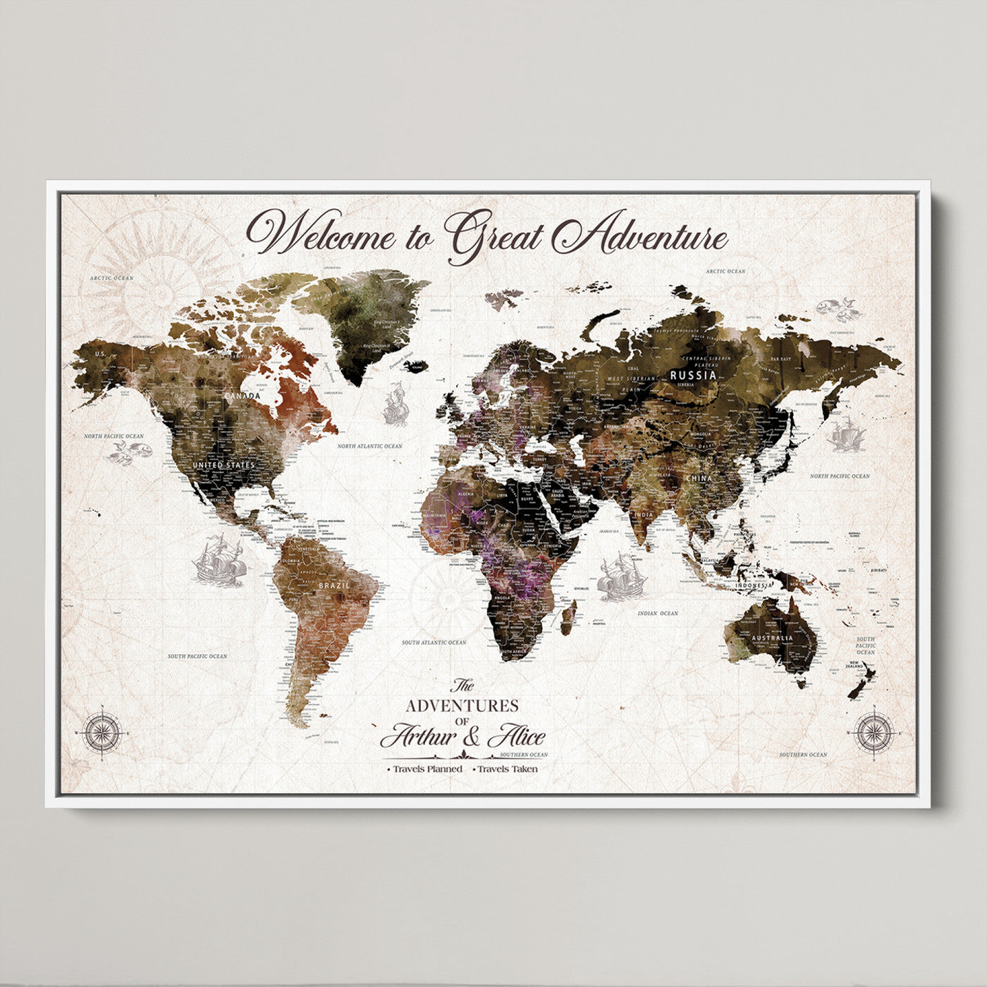 -Personalized World Map Canvas Custom Framed Push Pin Travel Tracker Vintage Adventure Wall Art Gift Couples Travelers Home, Office