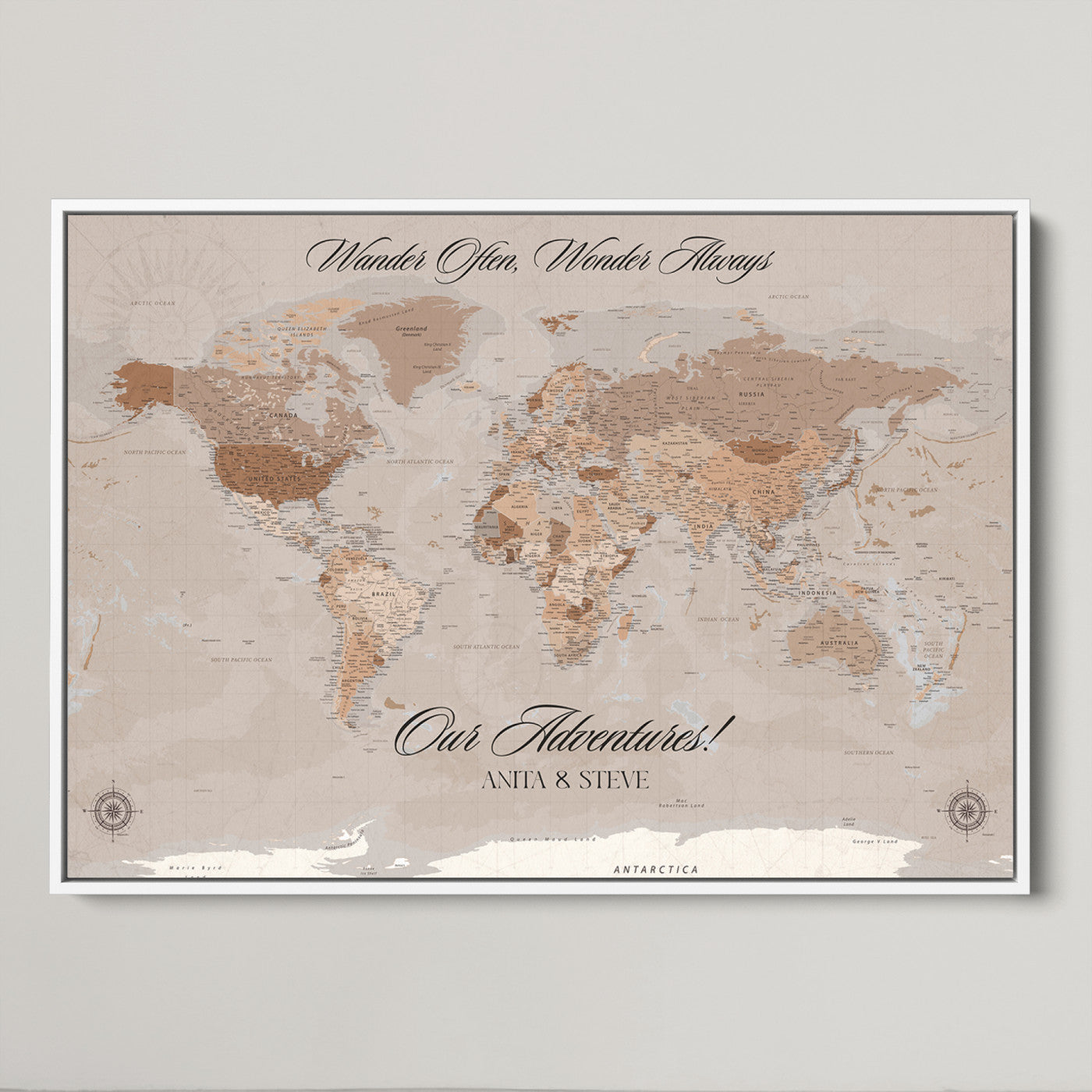 -Personalized World Map Canvas Custom Framed Push Pin Travel Tracker Elegant Neutral Wall Art Gift Couples Travelers for Home, Office