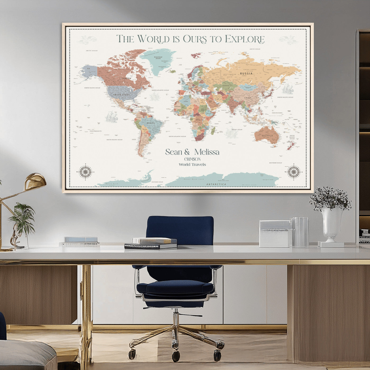 Rehber01-MGV-CV-36X24-Custom Push Pin World Map Wall Art Canvas Print – Personalized Travel Tracker with Pins Framed Large for home, office