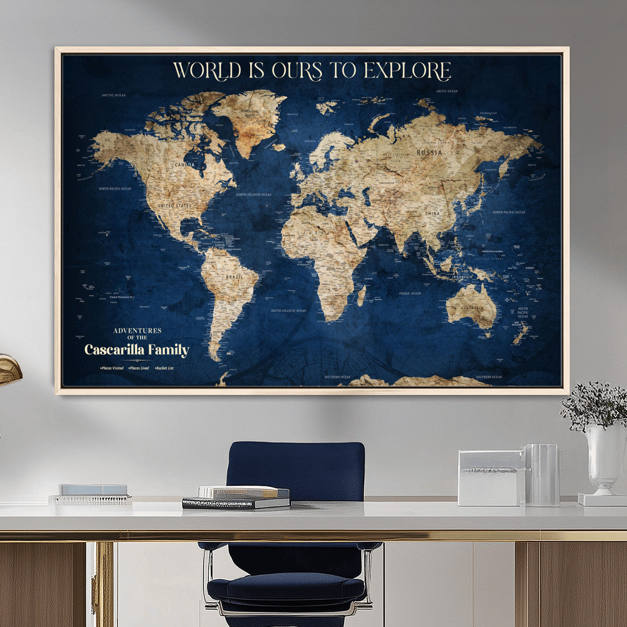 54782997-MGV-FC-36X24 - Personalized Push Pin World Map Canvas Print – Custom Travel Tracker Wall Art, Large World Map Decor for Home, Office