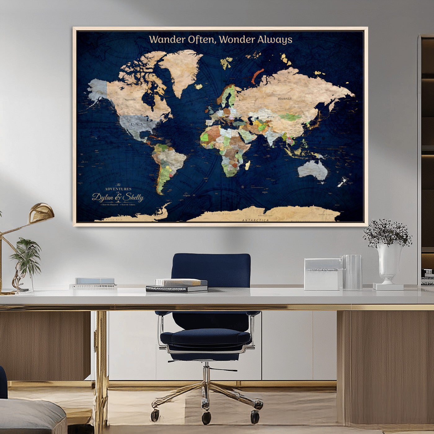 Rehber01-MGV-CV-36X24-Personalized World Map Canvas – Custom Framed Push Pin Travel Map Wall Art, Navy Blue Vintage Gift for Couples and Adventurers