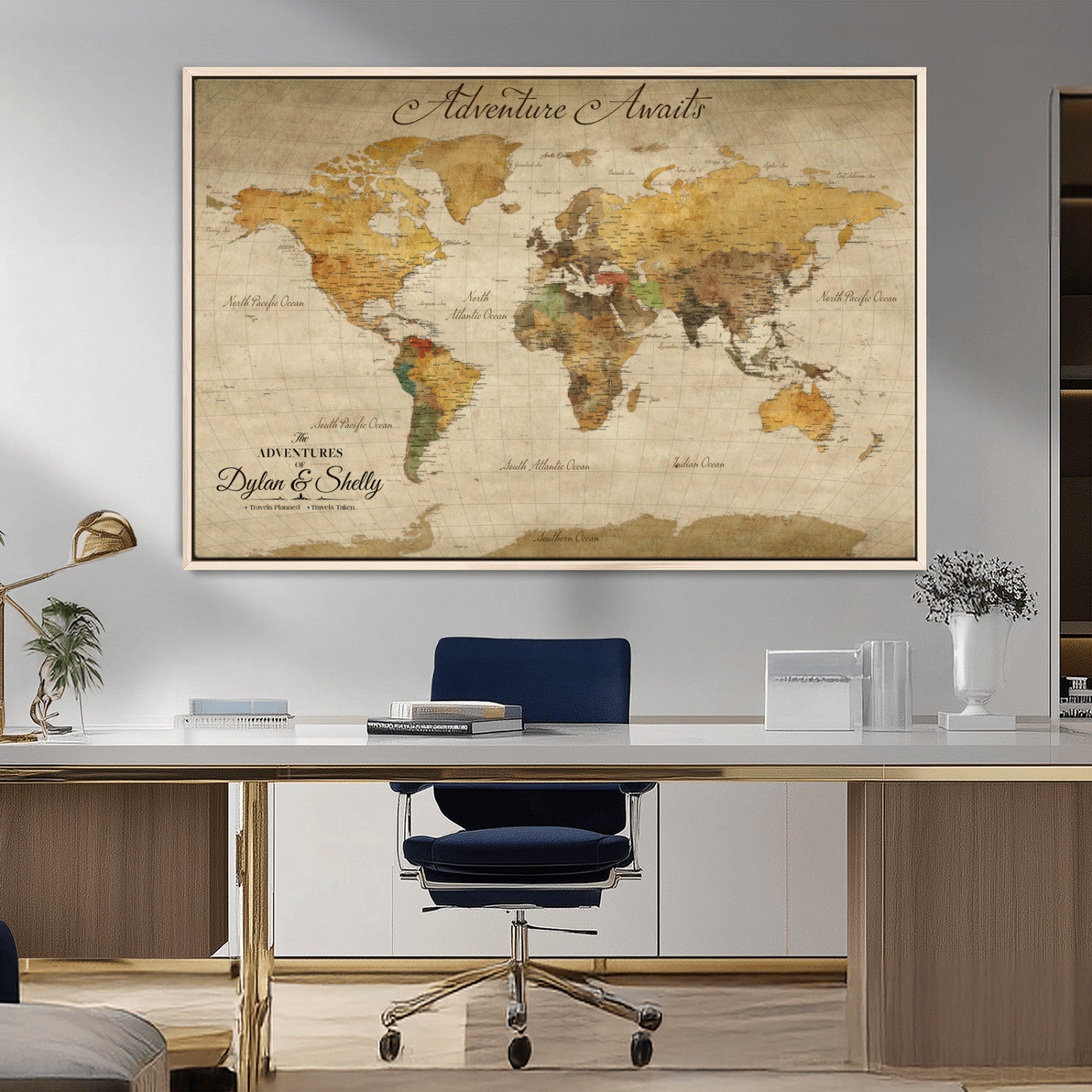 50298017-MGV-CV-36X24-Personalized World Map Canvas – Custom Framed Push Pin Travel Map Wall Art, Vintage Style Gift for Couples and Travelers