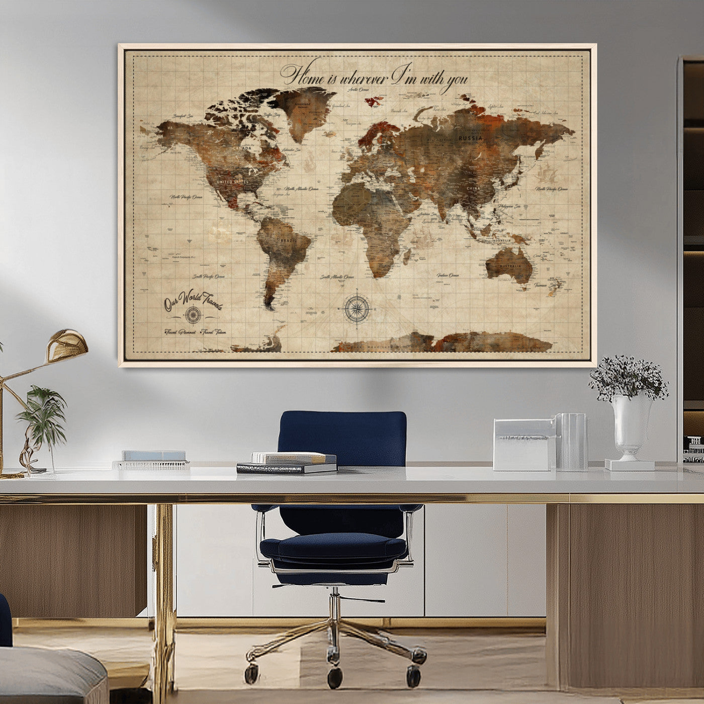 96762438-MGV-CV-36X24-Personalized World Map Print, Customizable Push Pin Framed World Map Print on Canvas - Custom Quote on Map Print