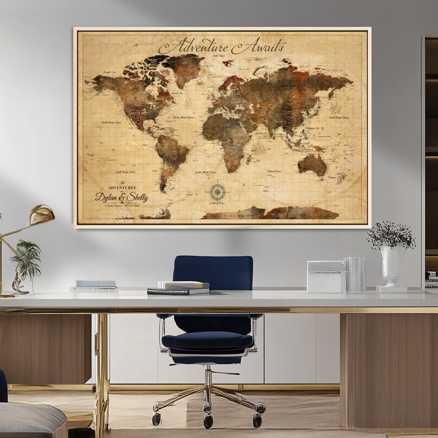 Rehber01-MGV-CV-36X24-Personalized World Map Canvas Wall Art – Custom Framed Push Pin Travel Tracker Print, Unique Gift for Home or Office Decor