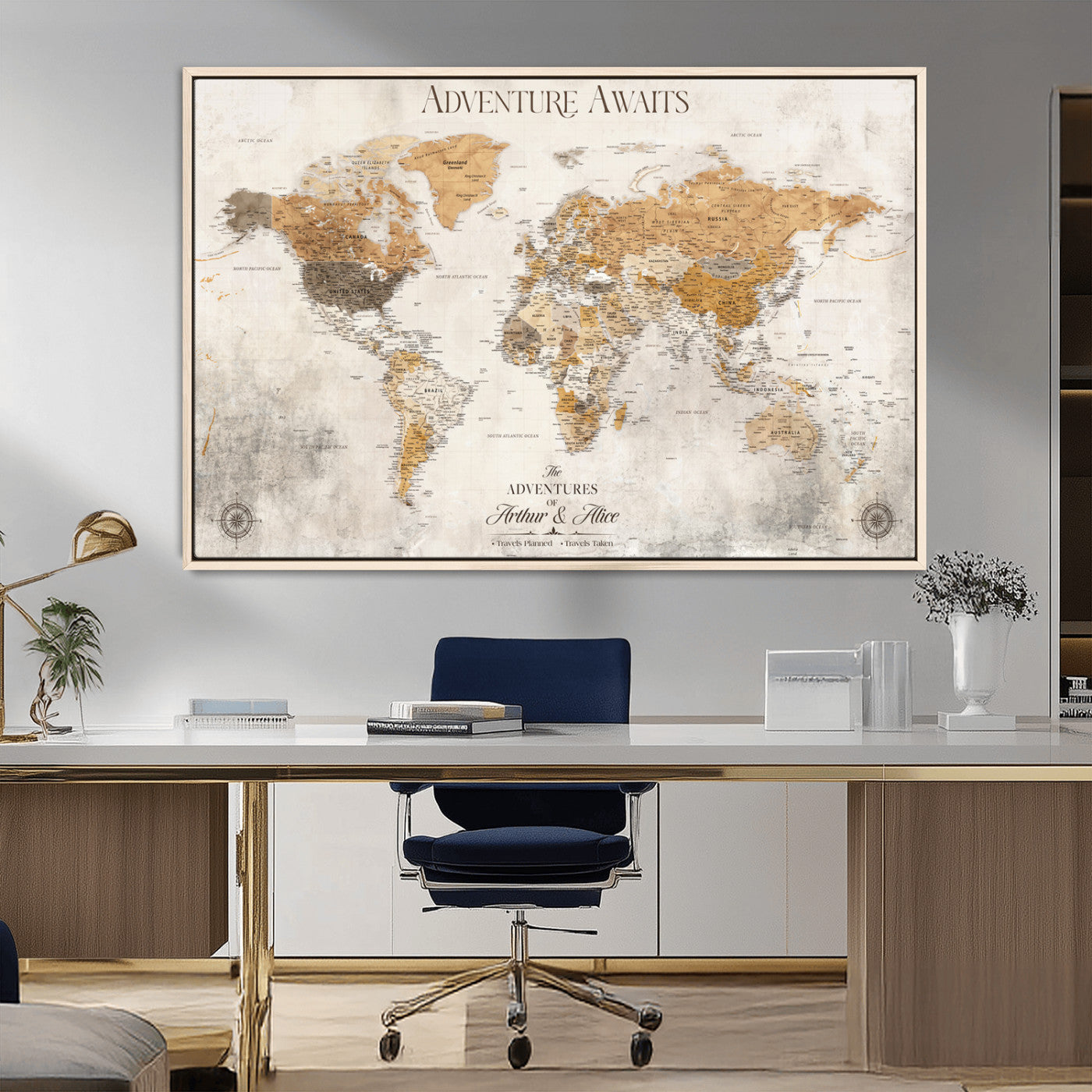 Rehber01-MGV-CV-36X24-Personalized World Map Canvas Print – Custom Push Pin Travel Map Vintage Neutral Style Gift for Couples Travelers for Home Office