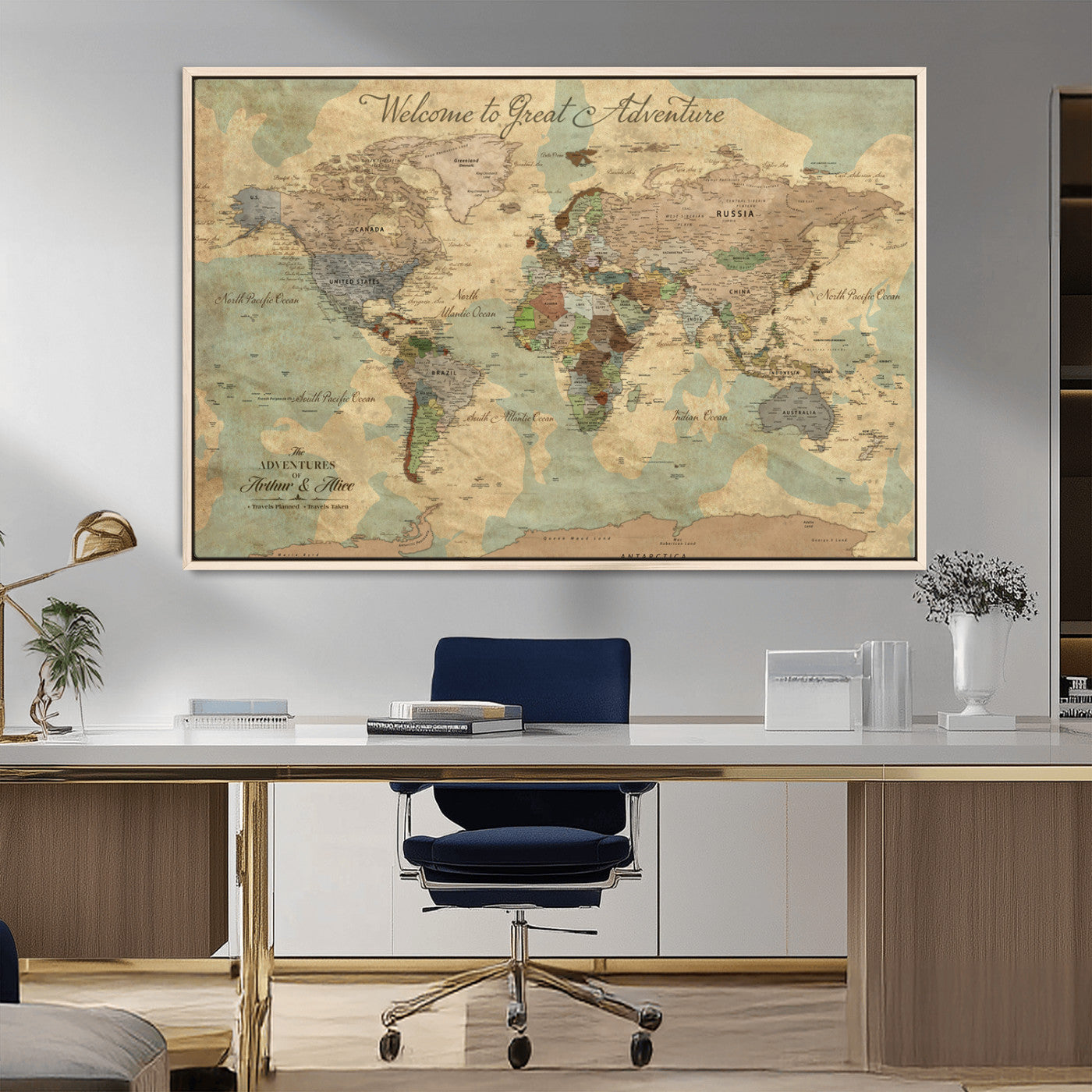 Rehber01-MGV-CV-36X24-Personalized World Map Canvas Wall Art – Custom Framed Push Pin Travel Tracker Print, Unique Gift for Home or Office Decor