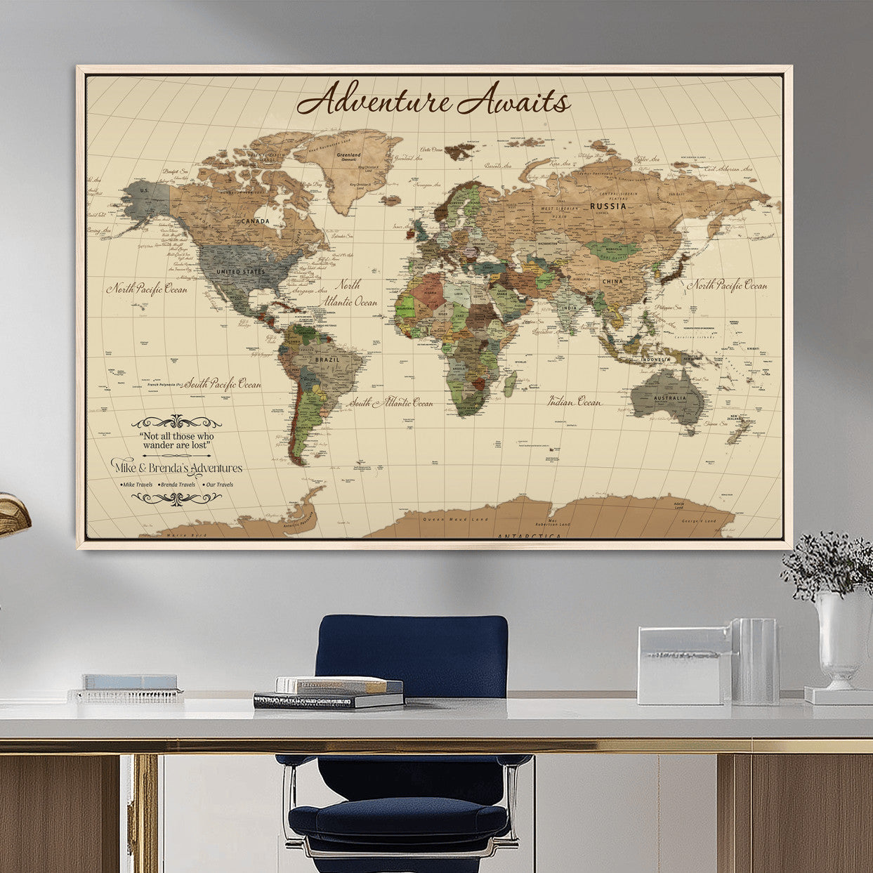 31875069-MGV-FC-36X24 - Customizable Push Pin World Map Wall Canvas Print – Personalize Travel Tracker with Pins – Framed Custom Quotie Canvas for Home Office Decor
