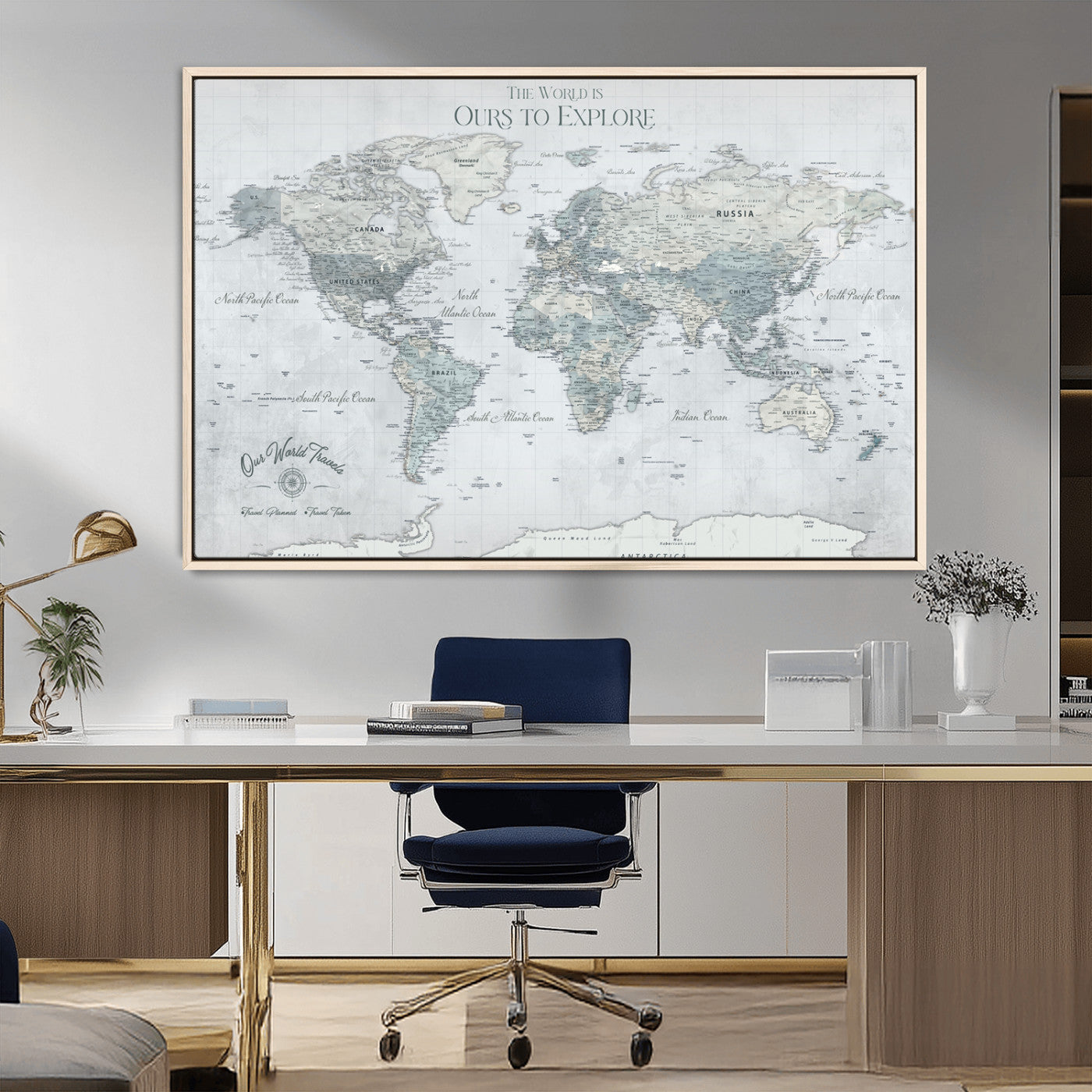 Rehber01-MGV-CV-36X24-Personalized Push Pin World Map Canvas Print – Custom Framed Travel Tracker Wall Art Large Map Artwork for Home, Office