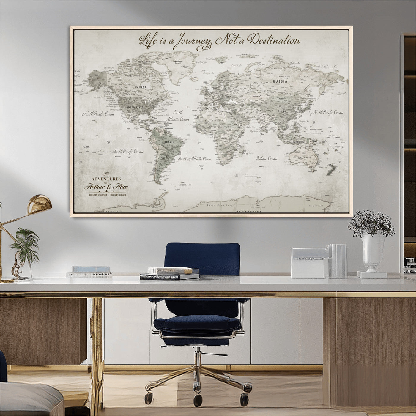 11398637-MGV-CV-36X24-Personalized Vintage World Map Canvas Print – Framed Push Pin Travel Tracker Neutral Elegant Artwork for Home, Office