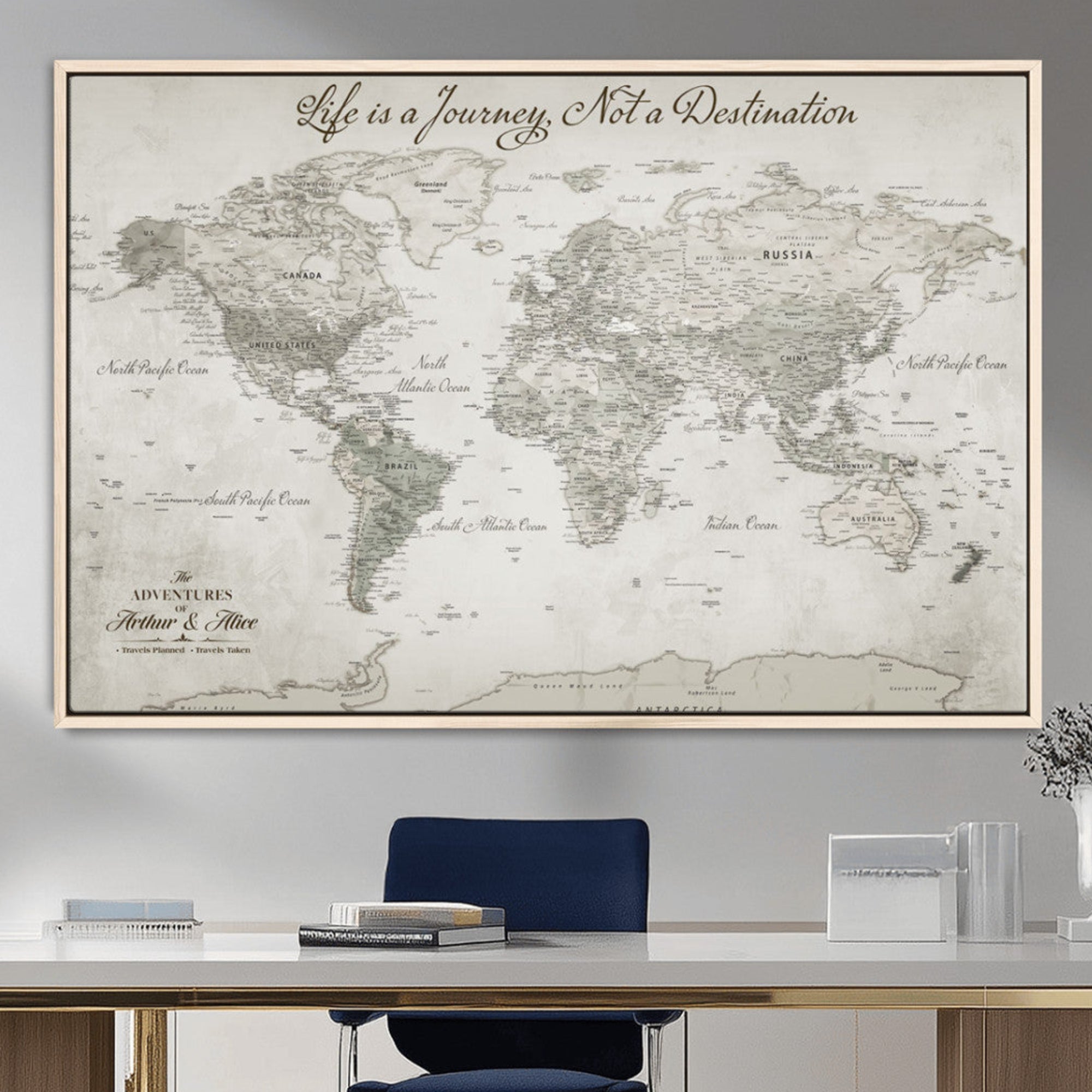Rehber01-MGV-CV-36X24-Custom Push Pin World Map Canvas Print – Personalized Travel Tracker Wall Art, Large World Map Decor for Home, Office