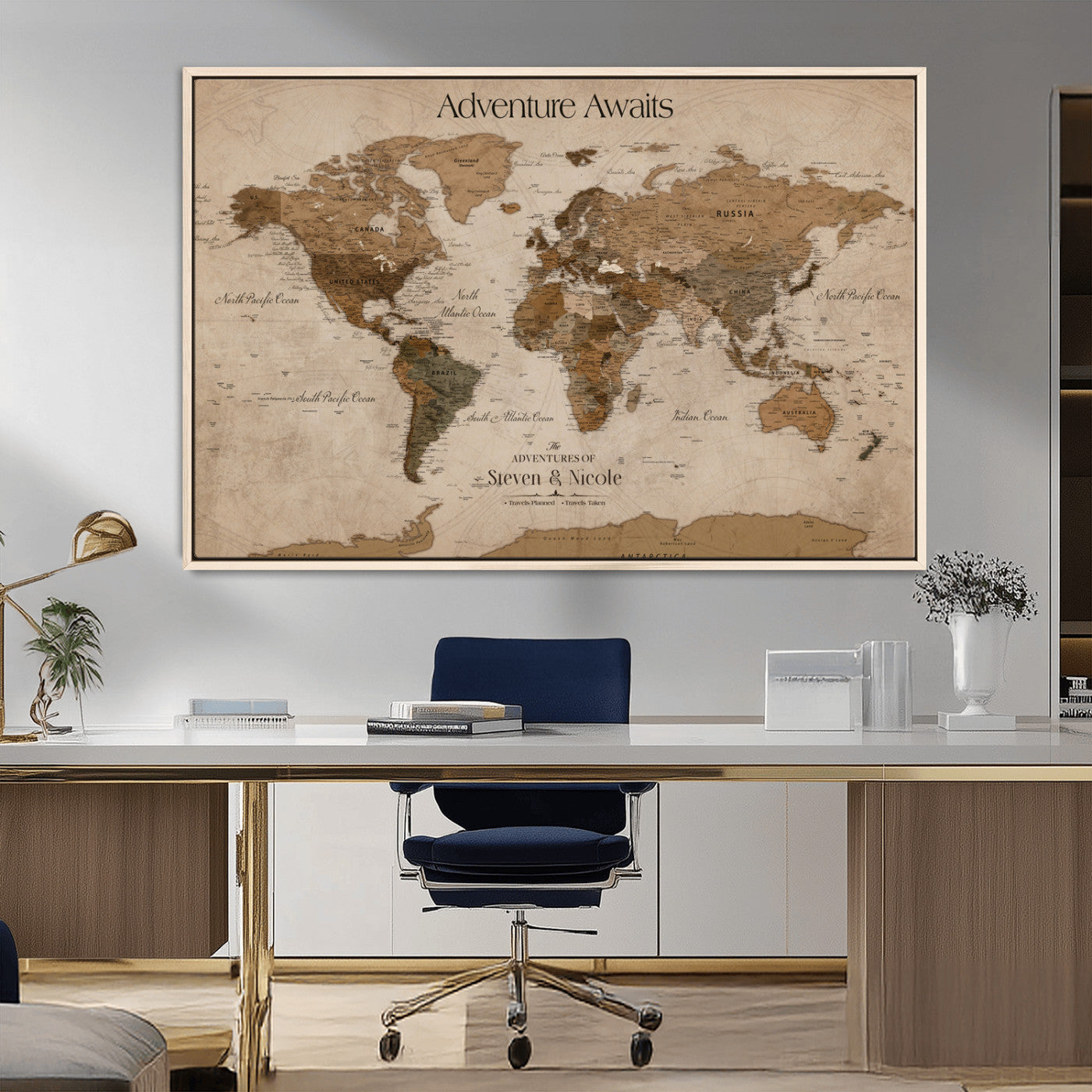-Personalized Push Pin World Map Canvas – Custom Framed Travel Tracker Wall Art, Large Adventure Map with Pins for Home, Office