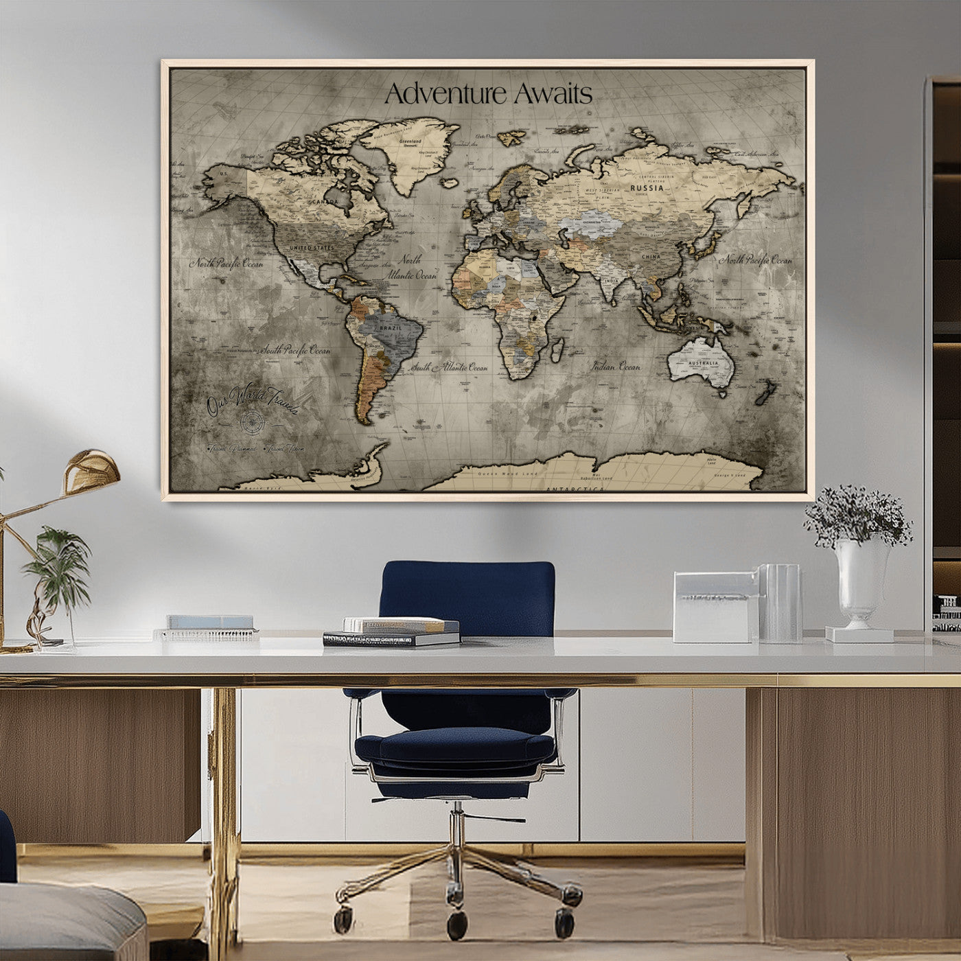 -Tree Rings Wall Art Canvas Print, Framed Wood Texture Art Picture Print, Blue Grain Perfect Rustic