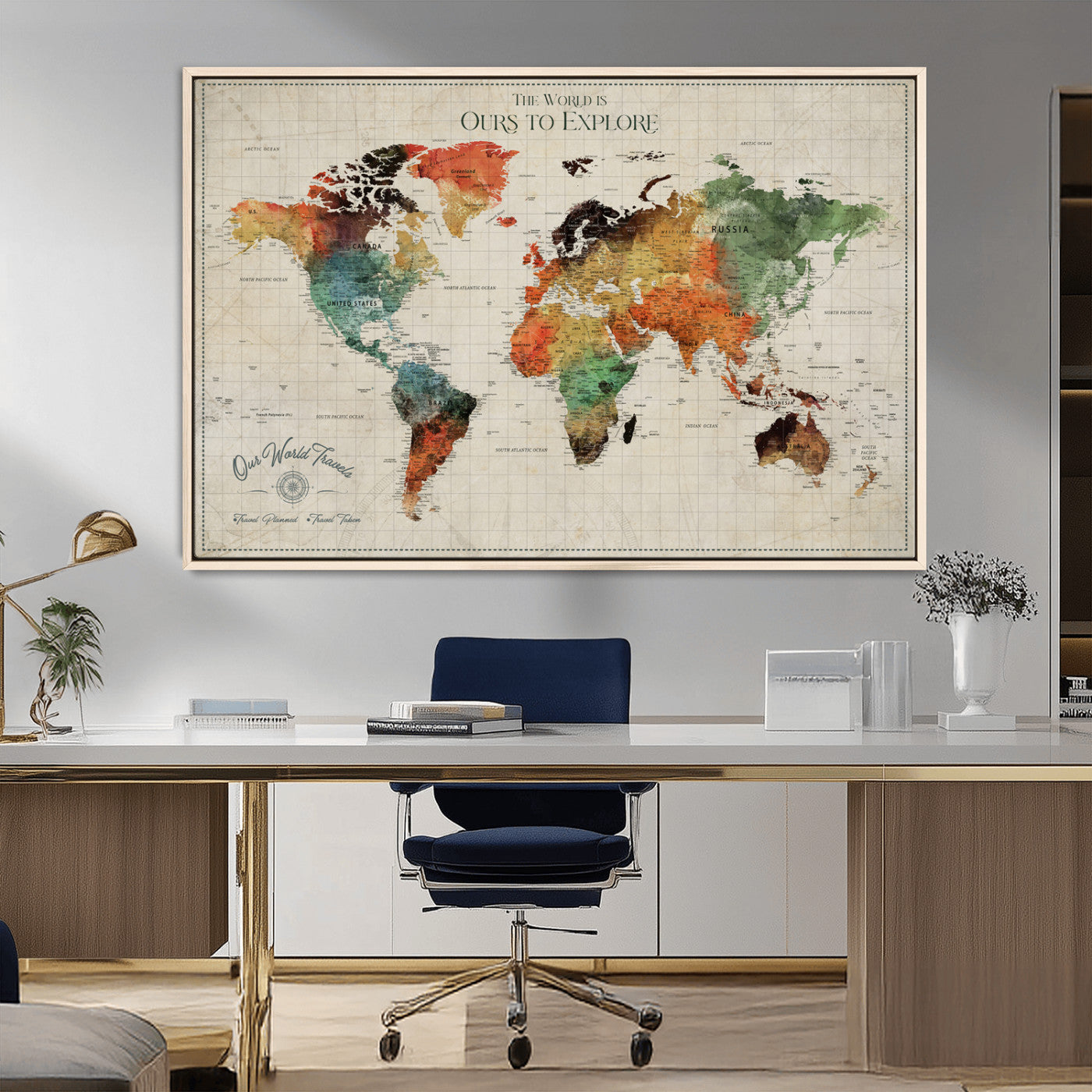 Rehber01-MGV-CV-36X24-Custom Push Pin World Map Wall Art Canvas Print – Personalized Travel Tracker Map Framed Artwork for Home Office