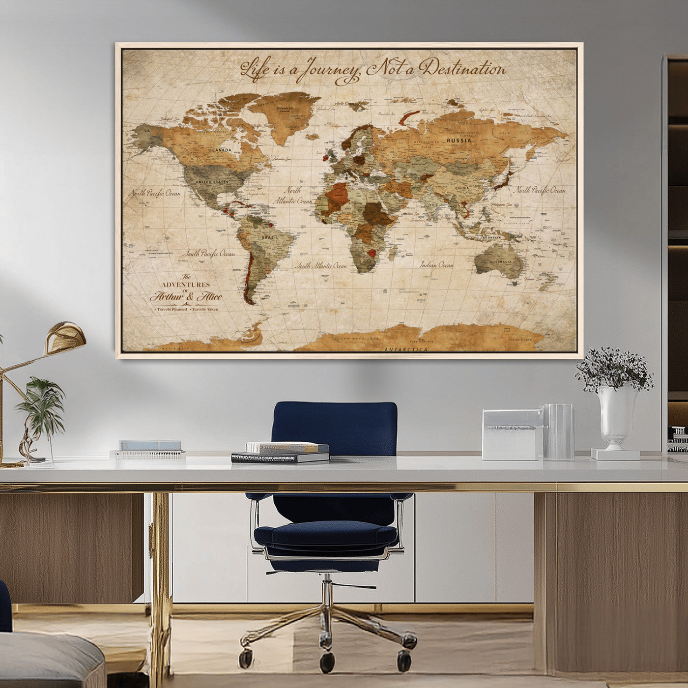 Rehber01-MGV-CV-36X24-Personalized Vintage World Map Canvas – Custom Framed Push Pin Travel Map Wall Art, Rustic Gift for Couples and Travel Lovers