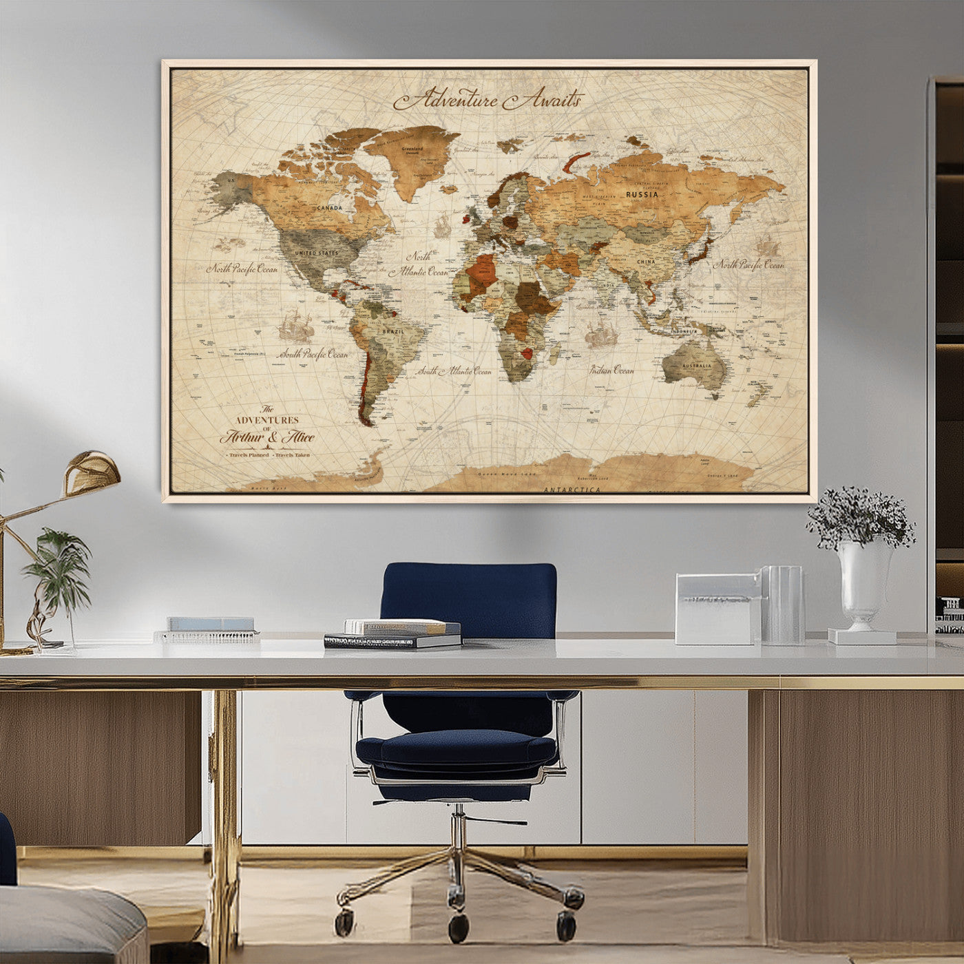 Rehber01-MGV-CV-36X24-Customizable Framed World Map Canvas Print – Personalized Push Pin Travel Map Gift for Couples Explorers for Home, Office