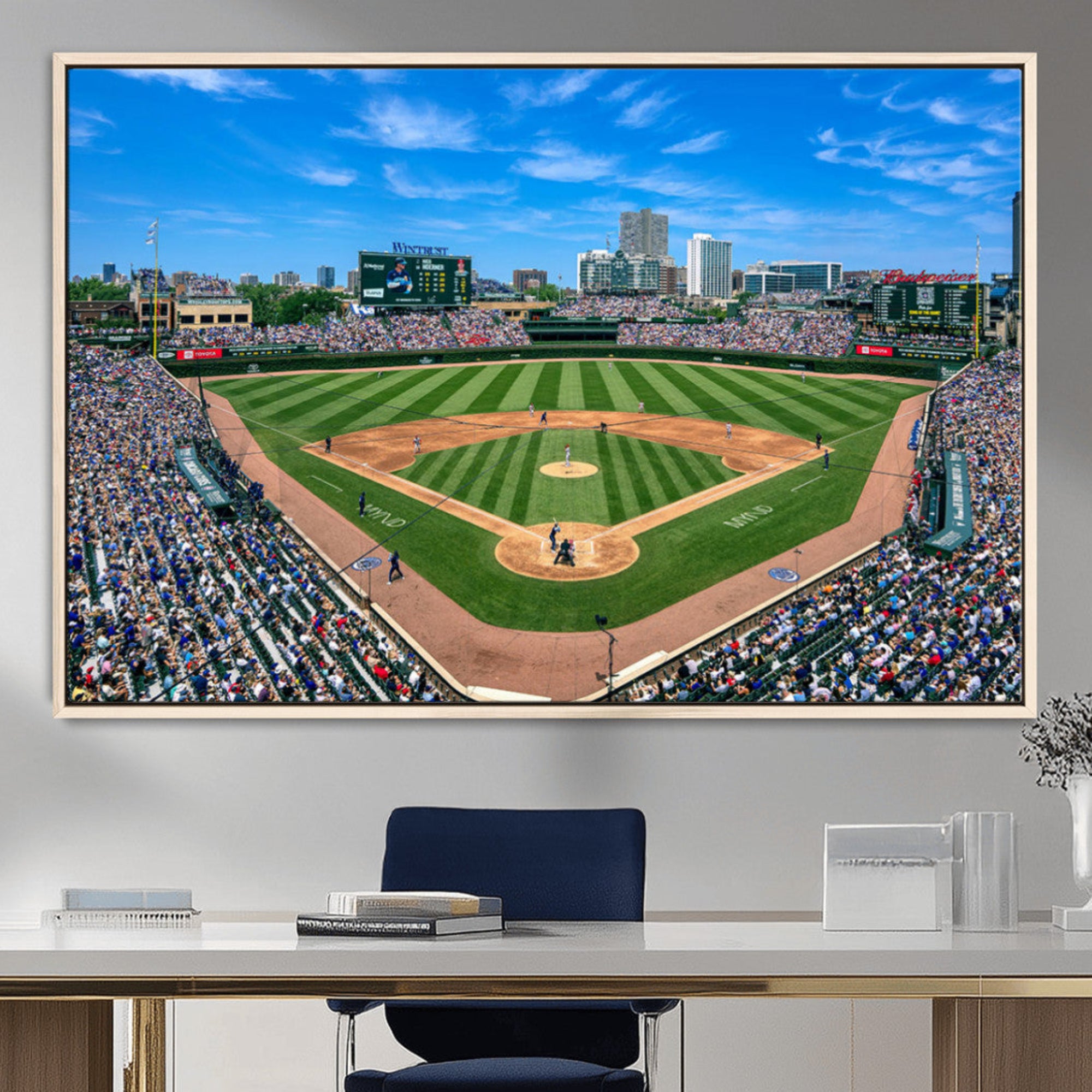 35800083-MGV-CV-36X24-Wrigley Field Baseball Stadium Canvas Wall Art – Packed Crowd Sports Stadium City Skyline Artwork for Home Office