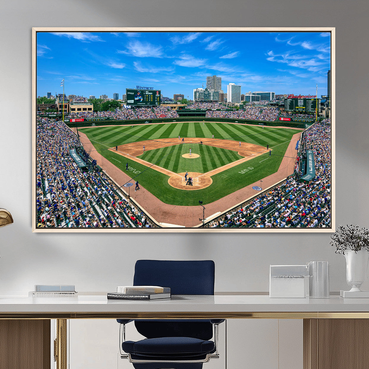 35800083-MGV-FC-36X24 - Wrigley Field Baseball Stadium Canvas Wall Art – Packed Crowd Sports Stadium City Skyline Artwork for Home Office