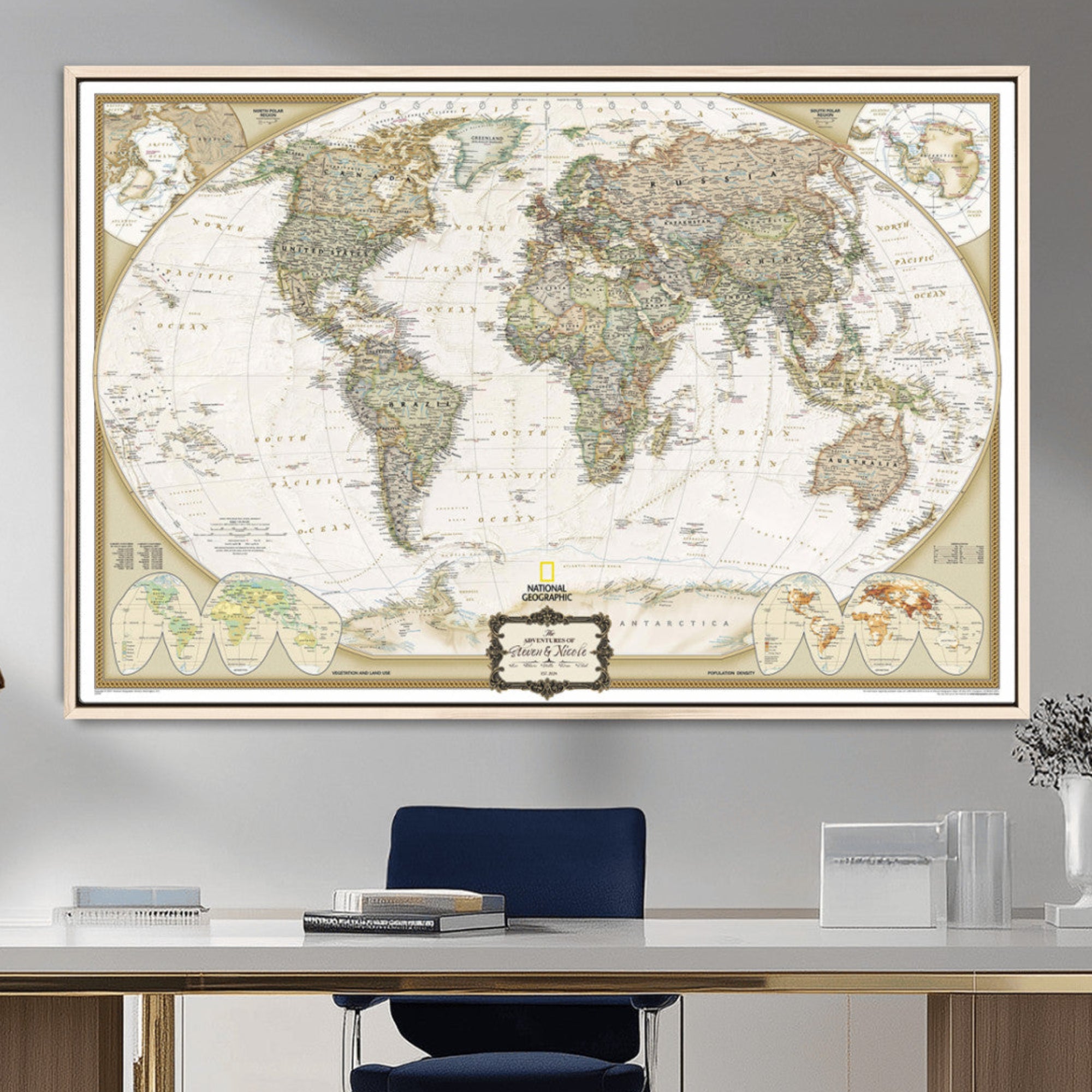 Rehber01-MGV-CV-36X24-World Map Wall Art Canvas – National Geographic Style Framed Map Print, Elegant Educational Wall Decor for Home, Office