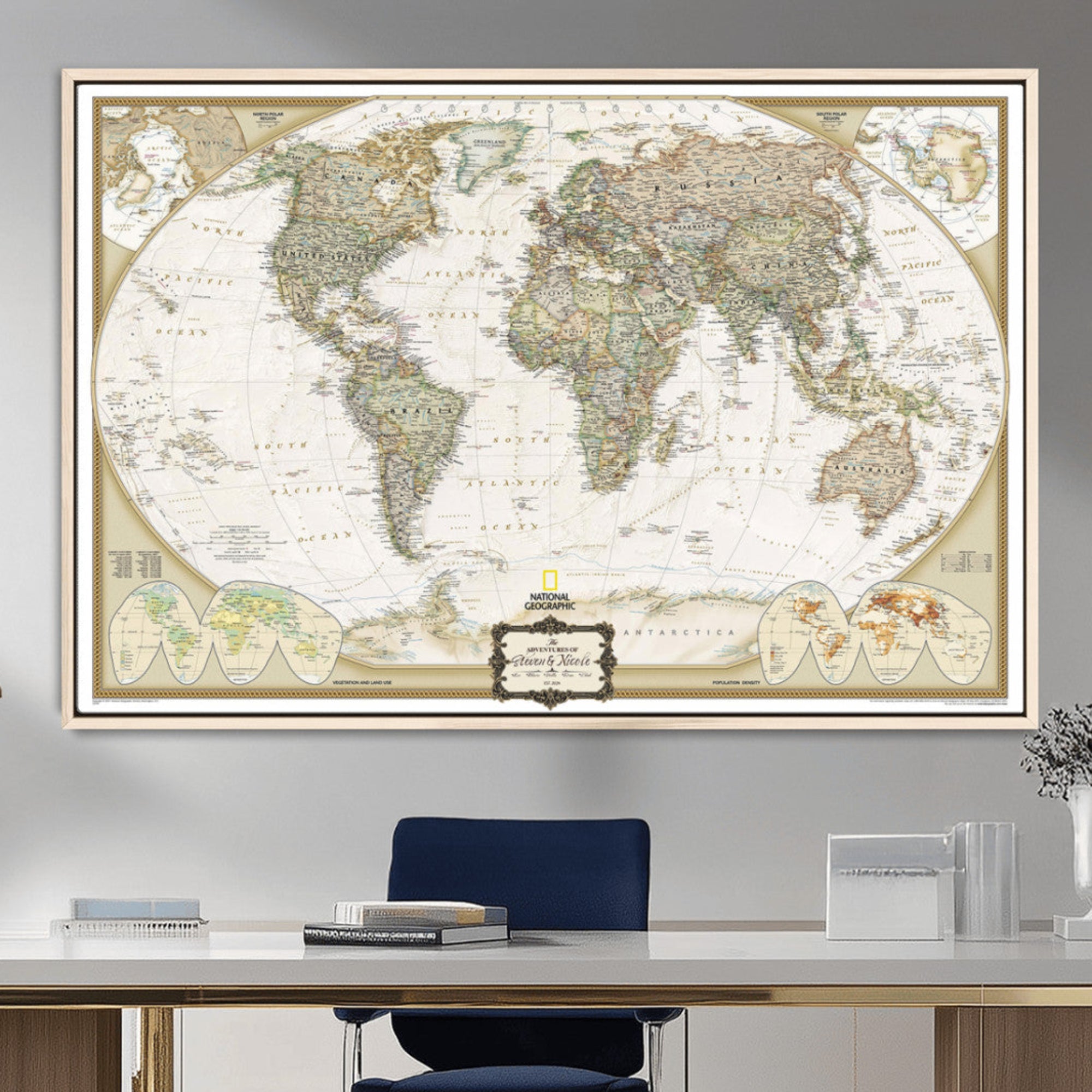 62071694-MGV-CV-36X24-Vintage World Map Wall Art Canvas Print, Classic Global Atlas with Antique Details Artwork for Home, Office