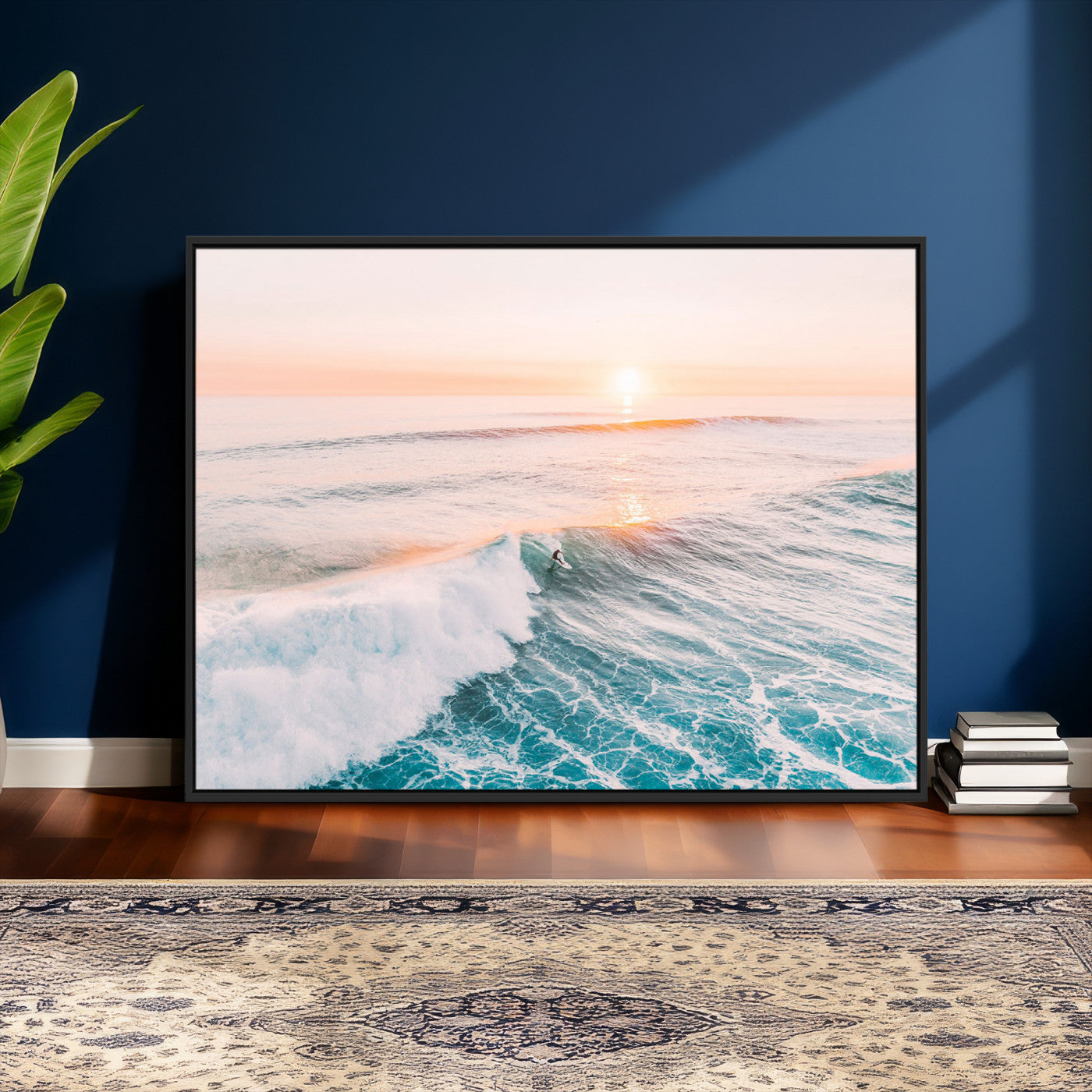 34064591-MGV-CV-36X24 - Sunset Surfing Wall Art Canvas Print, Ocean Wave Surfer with Golden Sky Artwork for Home, Office, Living Room