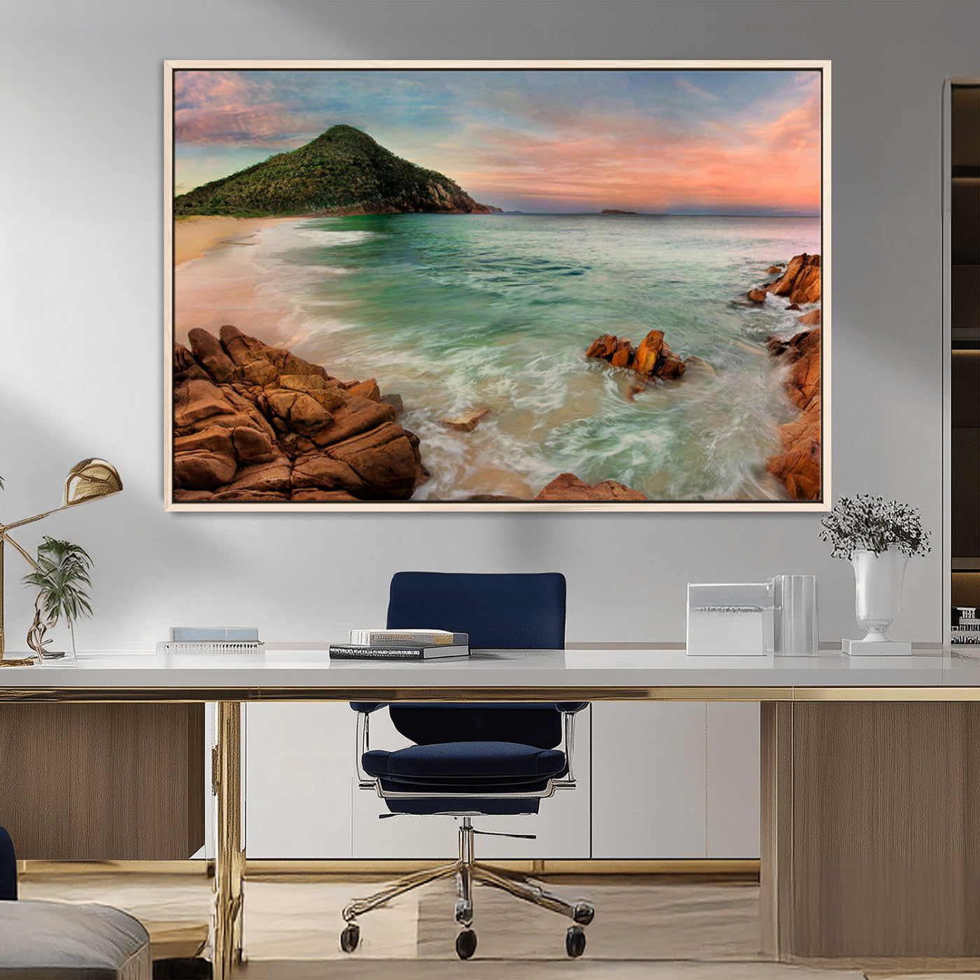 53831025-MGV-FC-36X24_Natural-Coastal Landscape Wall Art Canvas Print – Rocky Shore and Green Hills at Sunset Beautiful Ocean View Artwork for Home, Office