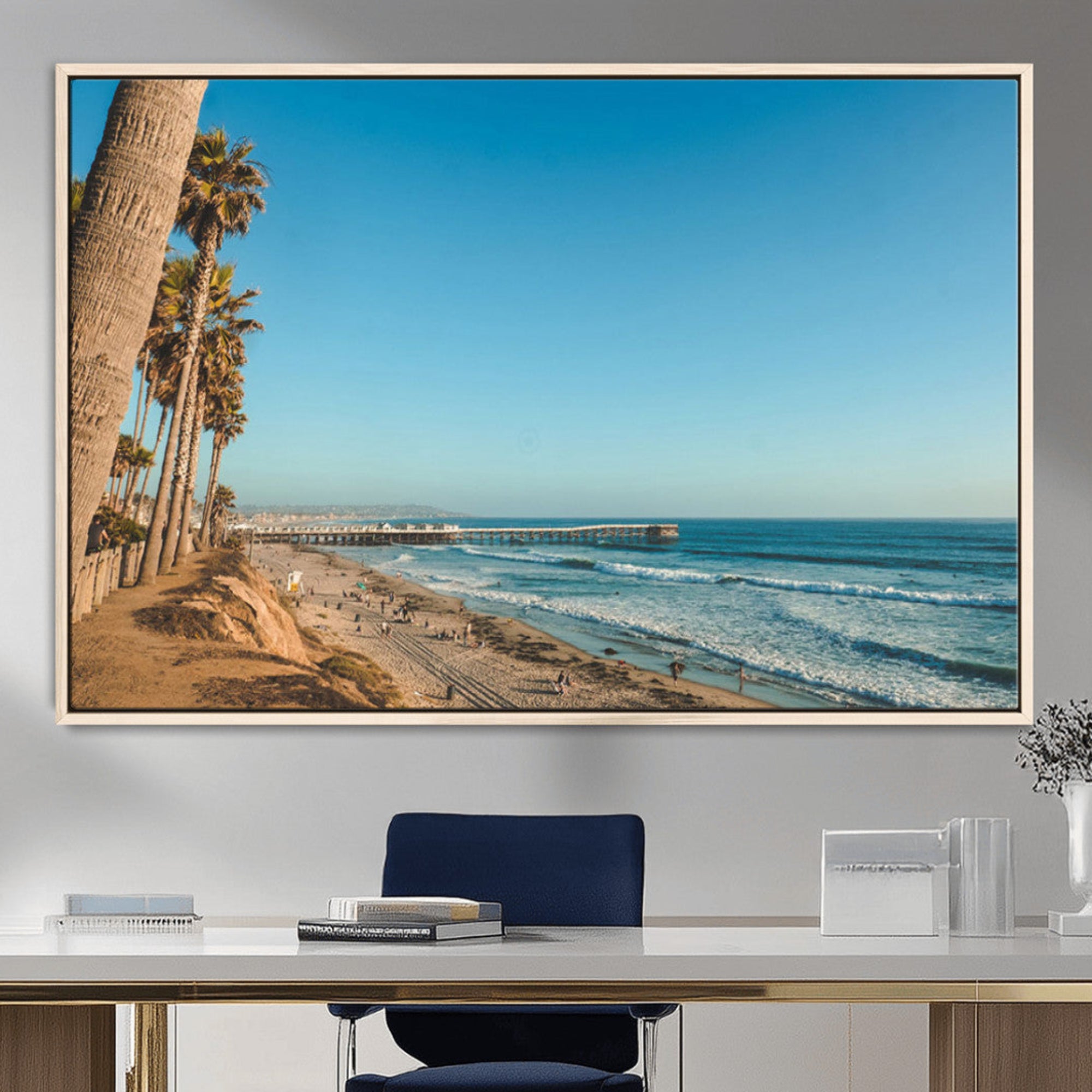 92568259-MGV-CV-36X24-Scenic Beach Wall Art Canvas Print – Tall Palm Trees, Sandy Shore, Long Pier Stretching into Calm Ocean Artwork for Home, Office
