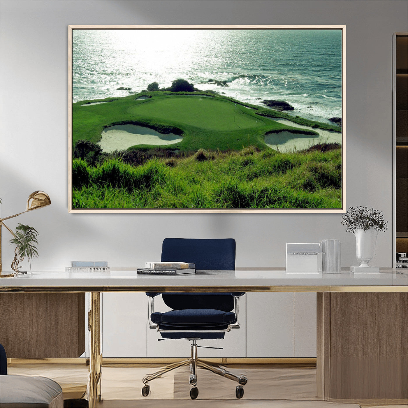 48473947-MGV-FC-36X24_Natural-Coastal Golf Course Wall Art Canvas Print – Scenic Green Surrounded by Sand Bunkers and Ocean Waves Artwork for Home, Office