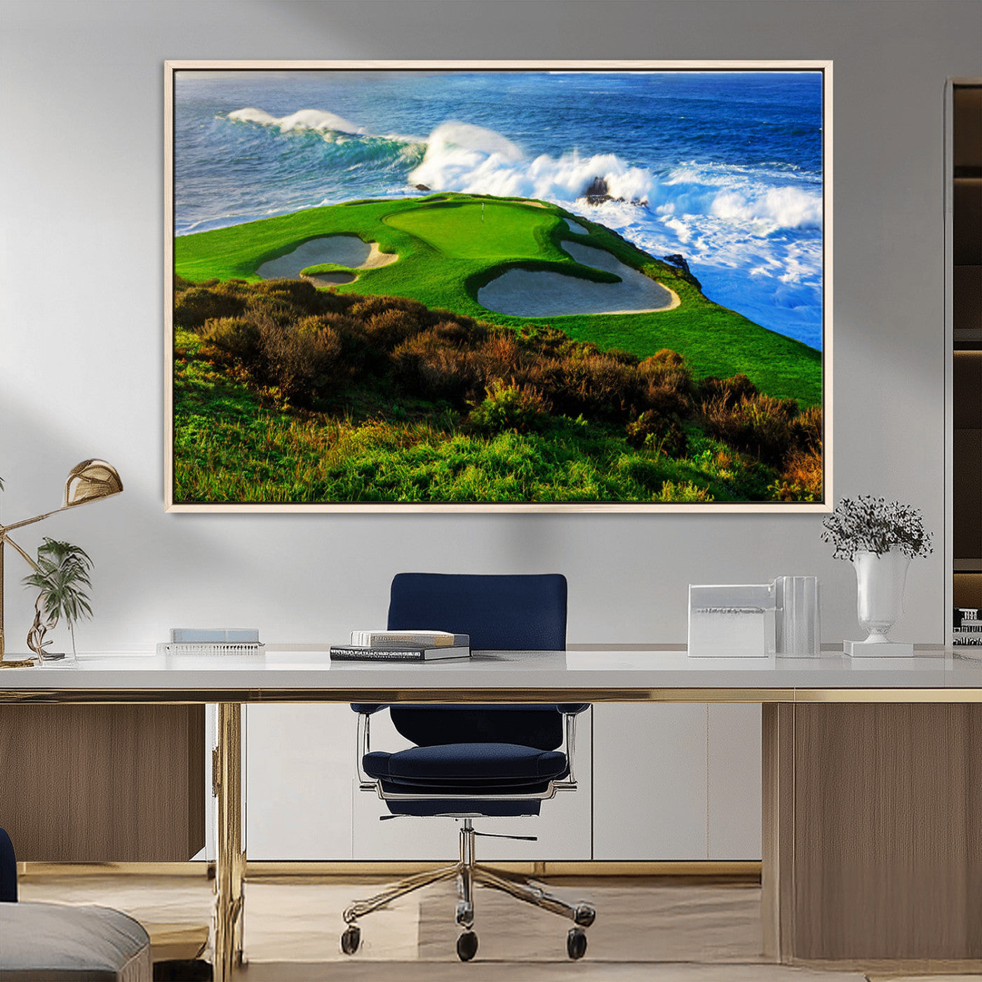 34181847-MGV-FC-36X24_Natural-Coastal Golf Course Wall Art Canvas Print – Vibrant Green with Sand Bunkers Overlooking Ocean Waves Artwork for Home, Office