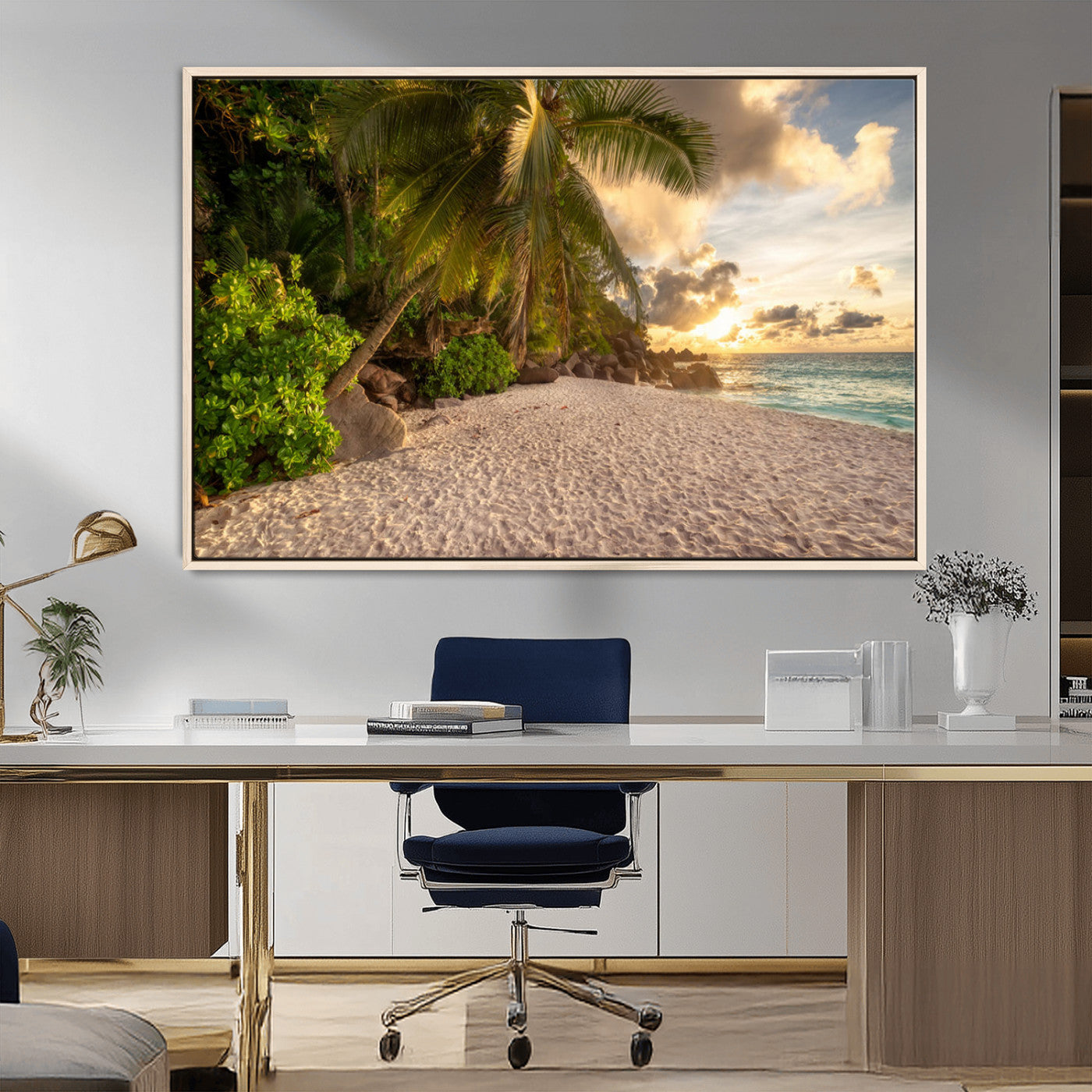 MGV-FC-36X24 - Tropical beach sunset, palm trees, white sand, ocean waves, golden sky, serene landscape, nature