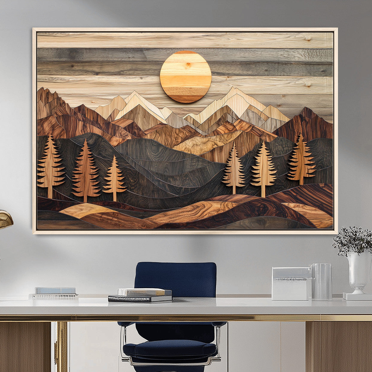 19832326-MGV-FC-36X24 - Wooden Mountain Landscape Layered Texture Geometric Shapes Sun Pine Trees Rustic Natural Tones Art