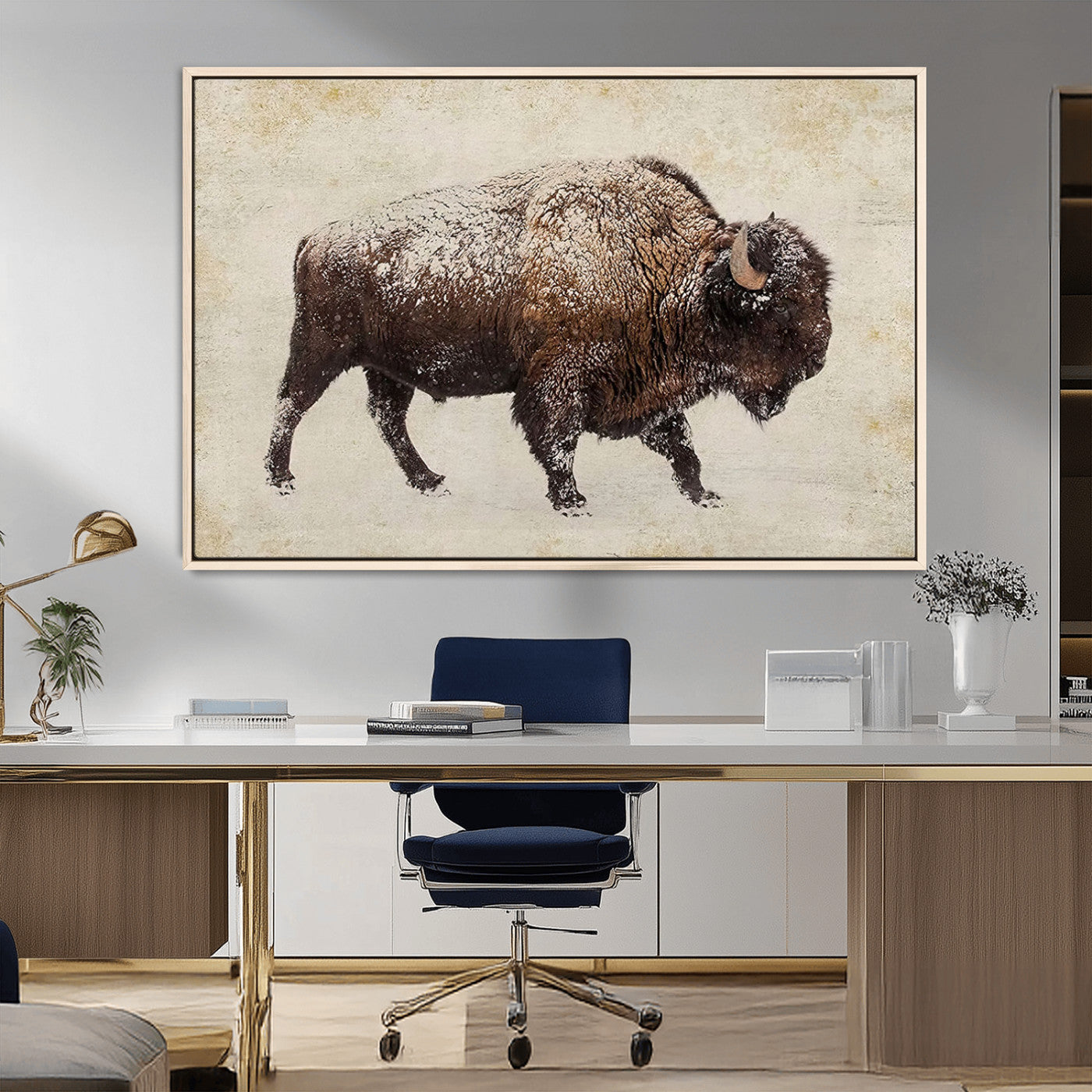 54810031-MGV-FC-36X24_Natural-Snow-dusted bison silhouette textured vintage style rugged wildlife art with neutral tones perfect