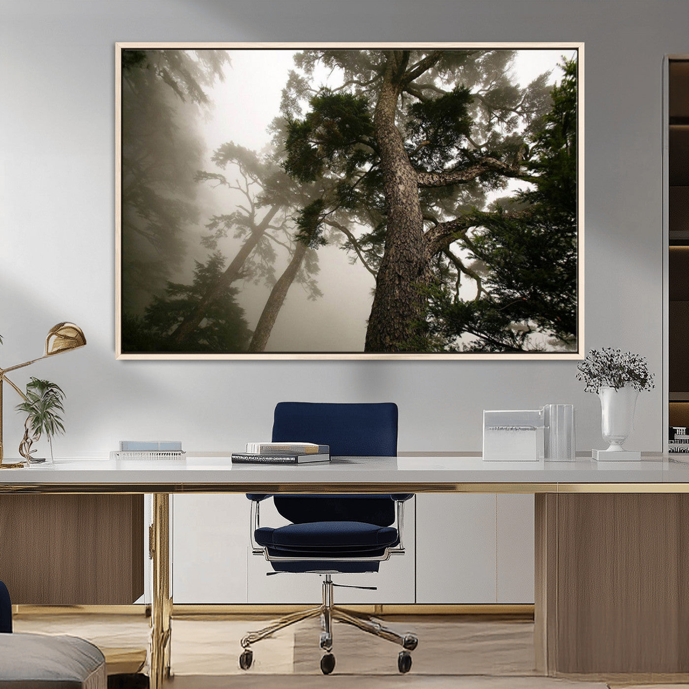 -Misty Forest Tall Trees Foggy Atmosphere Nature Serenity Calm Wooded Landscape Tranquil Scene
