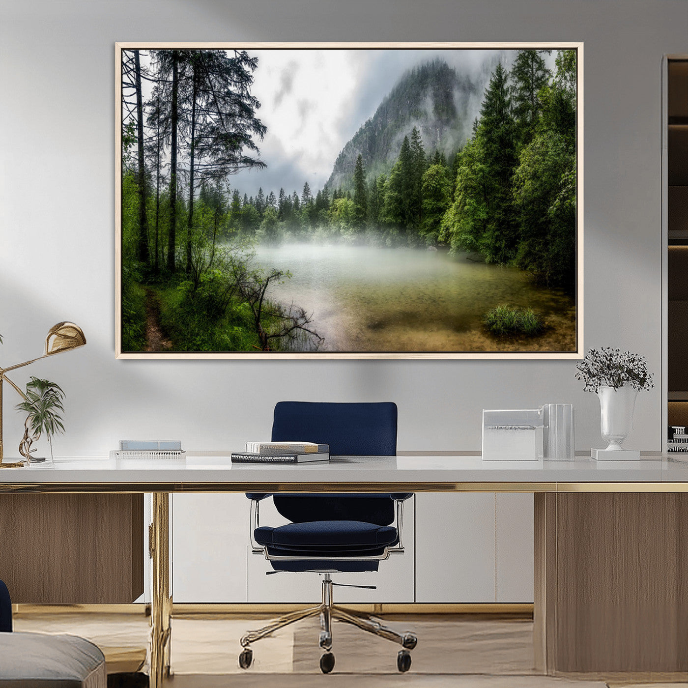 93123937-MGV-FC-36X24_Natural-Misty Lake Forest Green Trees Calm Water Reflection Mountain Fog Nature Landscape Outdoor Scenic