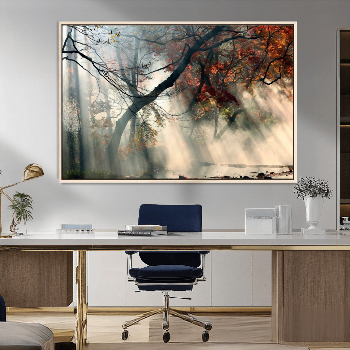 36043878-MGV-FC-36X24_Natural-Sunlit Autumn Forest Wall Art Canvas Print – Framed Mist Trees Scene with Peaceful Rays Artwork for Home, Office