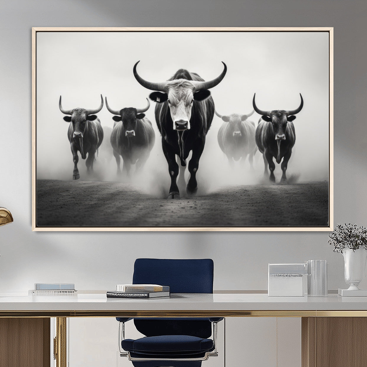 N34534C-MGV-FC-36X24 - Texas Bighorn Cow Hern Wall Art Canvas Print, Longhorn Cow Large Wall Art