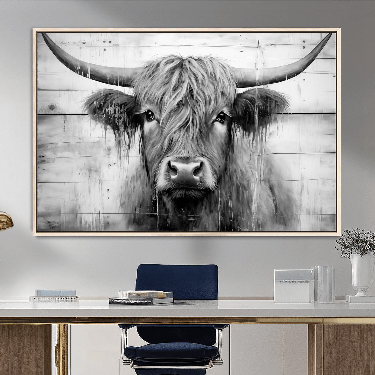 1001HASAN27-MGV-FC-36X24 - Black White Highland Cow Wall Art Canvas Print